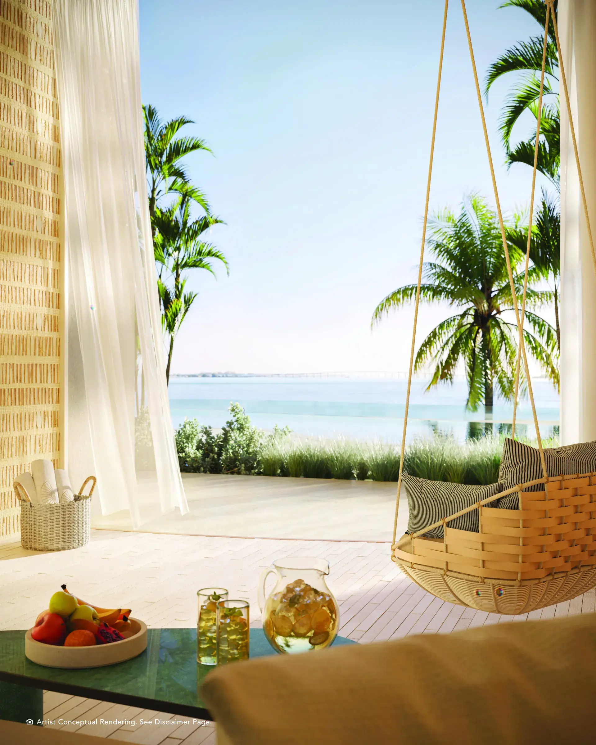 Oceanfront balcony with a hammock at Mandarin Oriental Residences Miami.