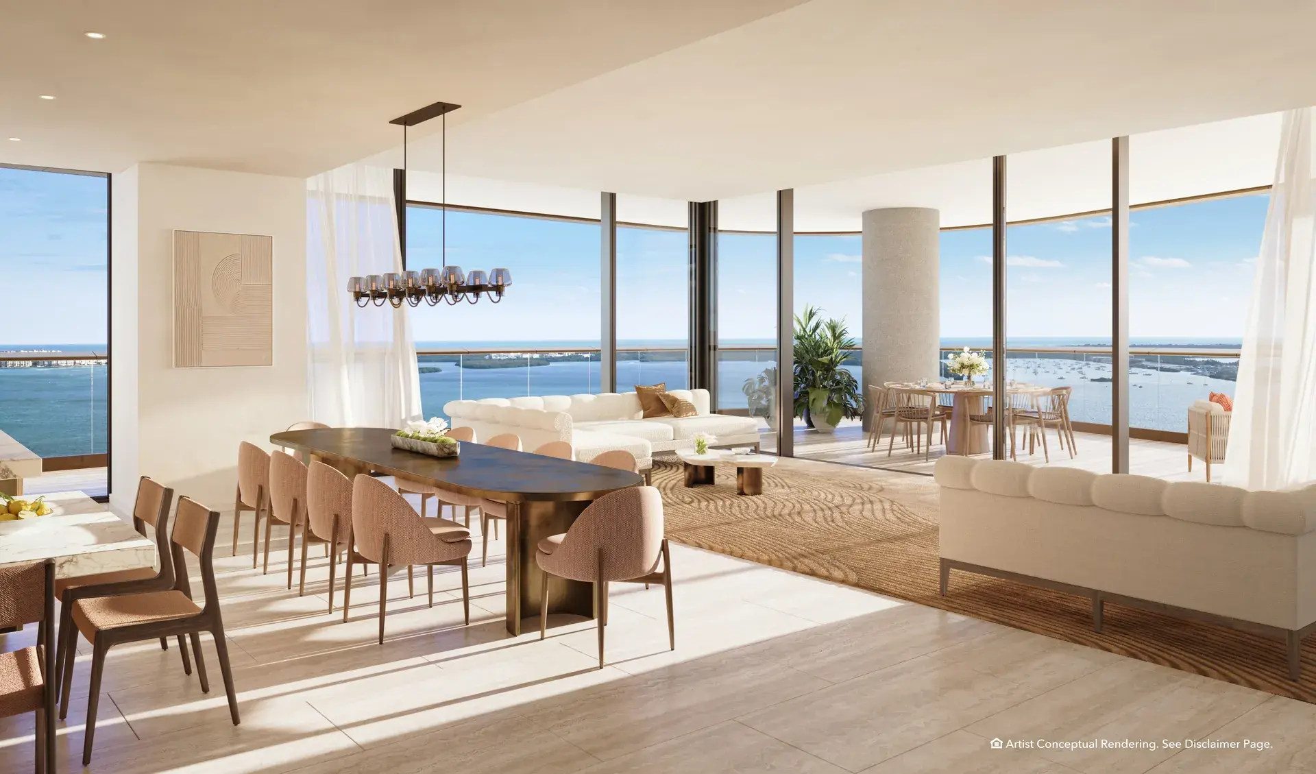 Spacious open living and dining area with ocean views at Mandarin Oriental Residences Miami