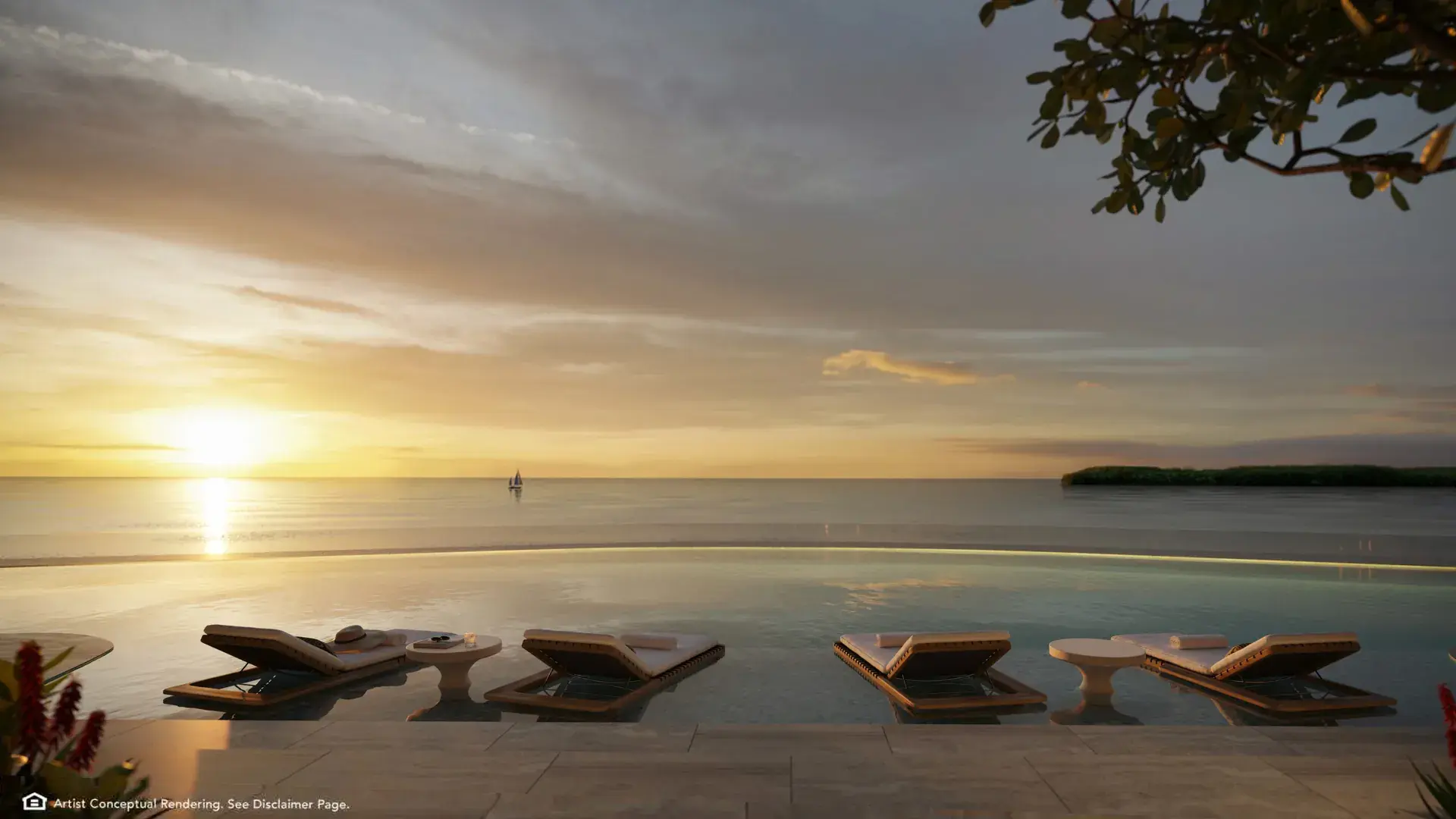 Infinity pool at Mandarin Oriental Residences Miami overlooking ocean at sunset