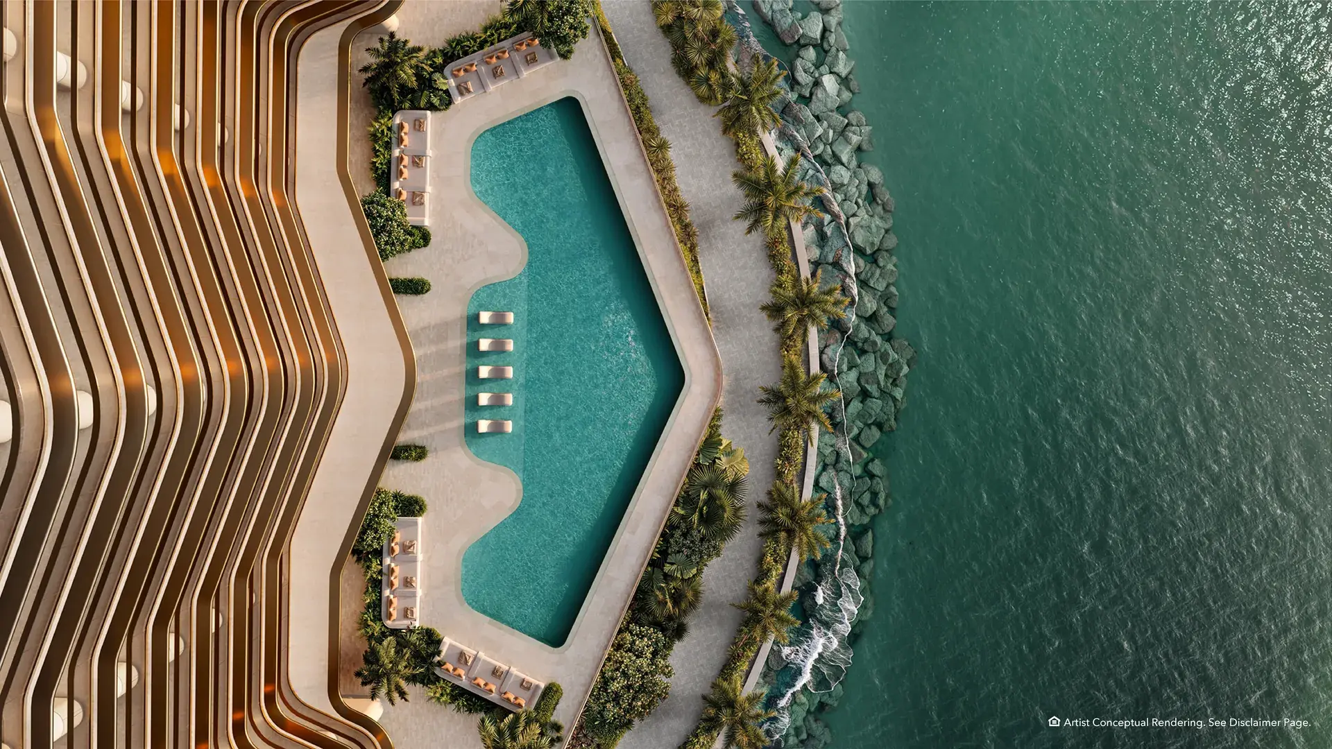Aerial view of a pool and waterfront at Mandarin Oriental Residences Miami.