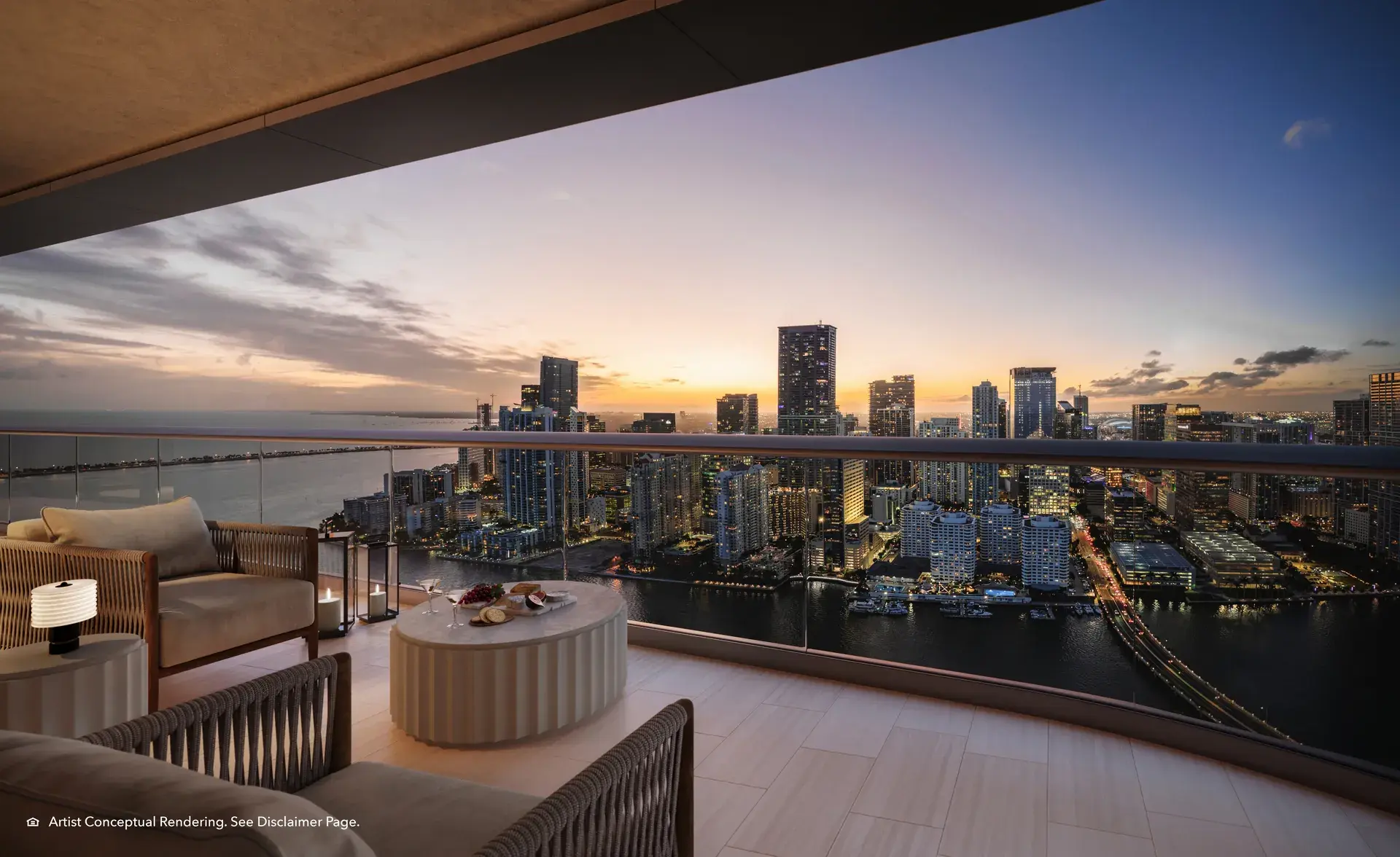 Sunset view from Mandarin Oriental Residences Miami balcony overlooking skyline.