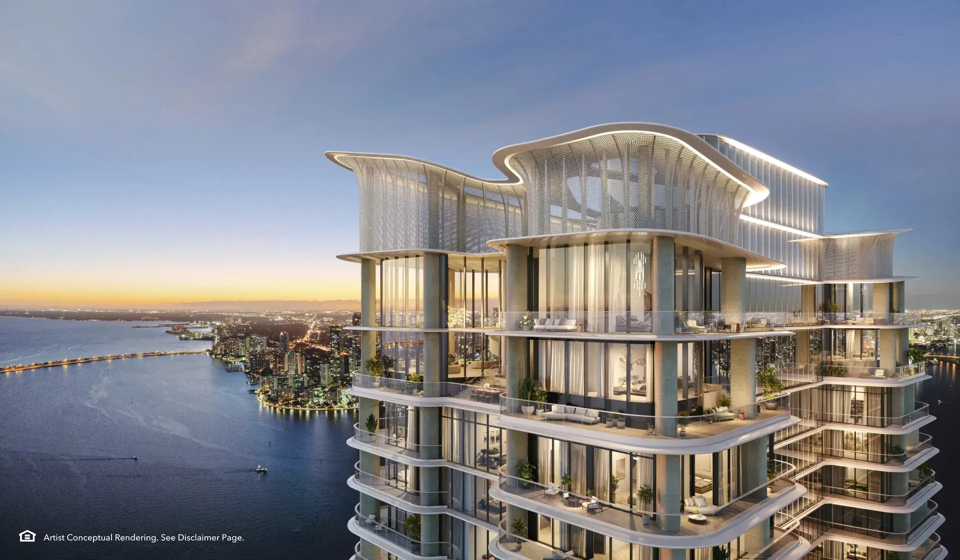 Mandarin Oriental Residences Miami overlooking the waterfront at sunset.