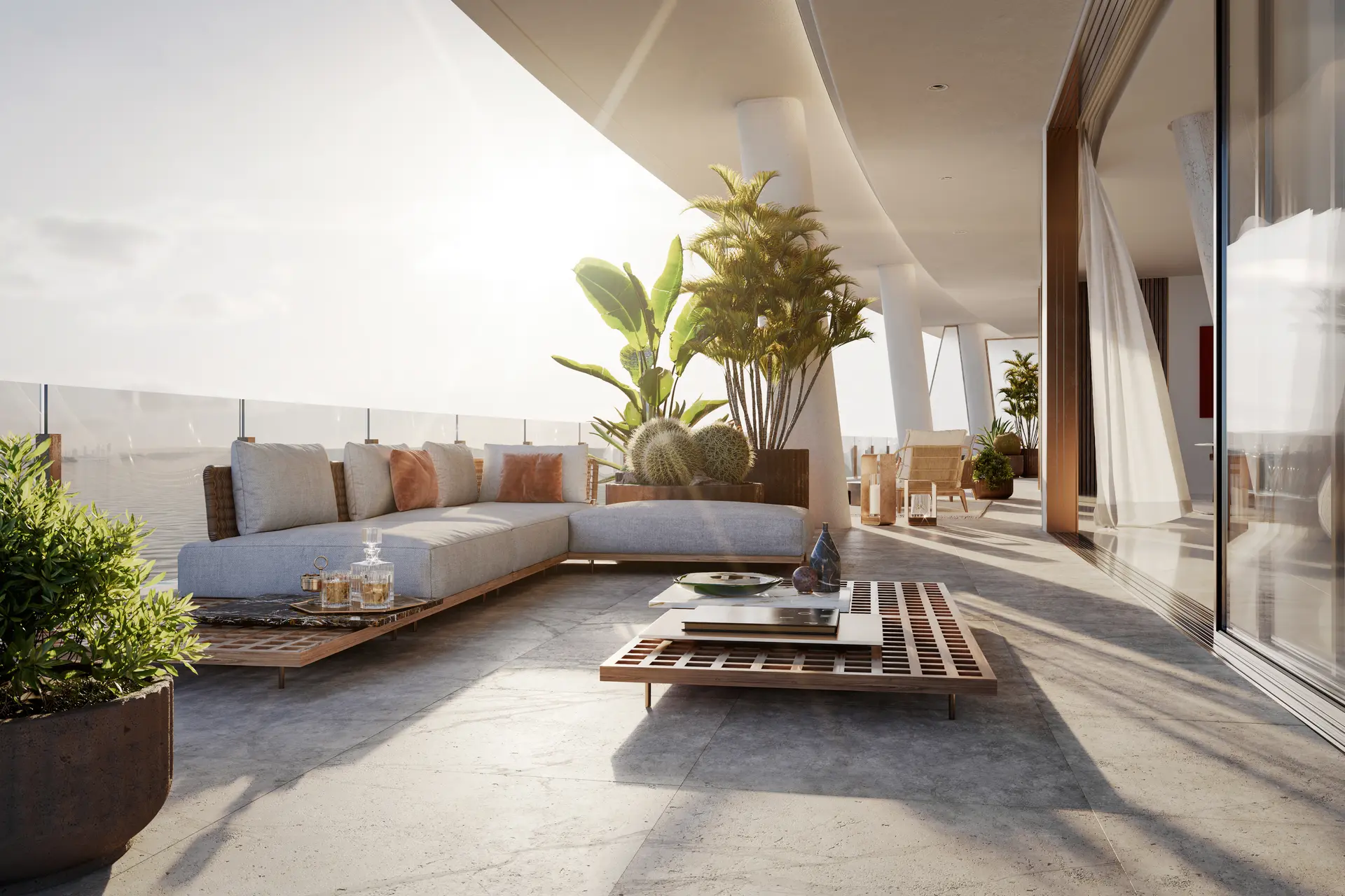 Miami Luxe's elegant balcony patio with ocean view and modern seating.