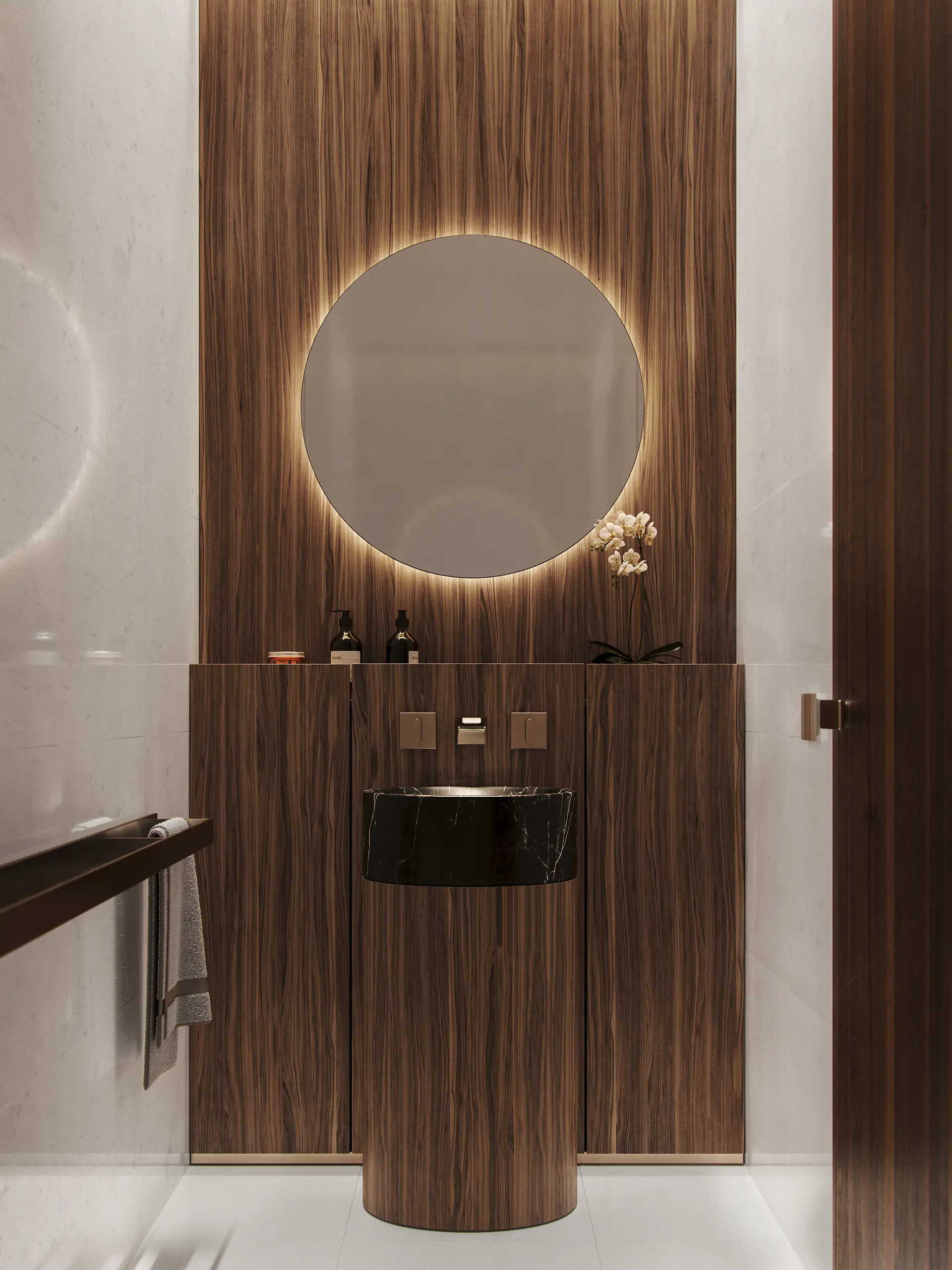 Miami Luxe powder room with elegant wood finish and circular mirror.