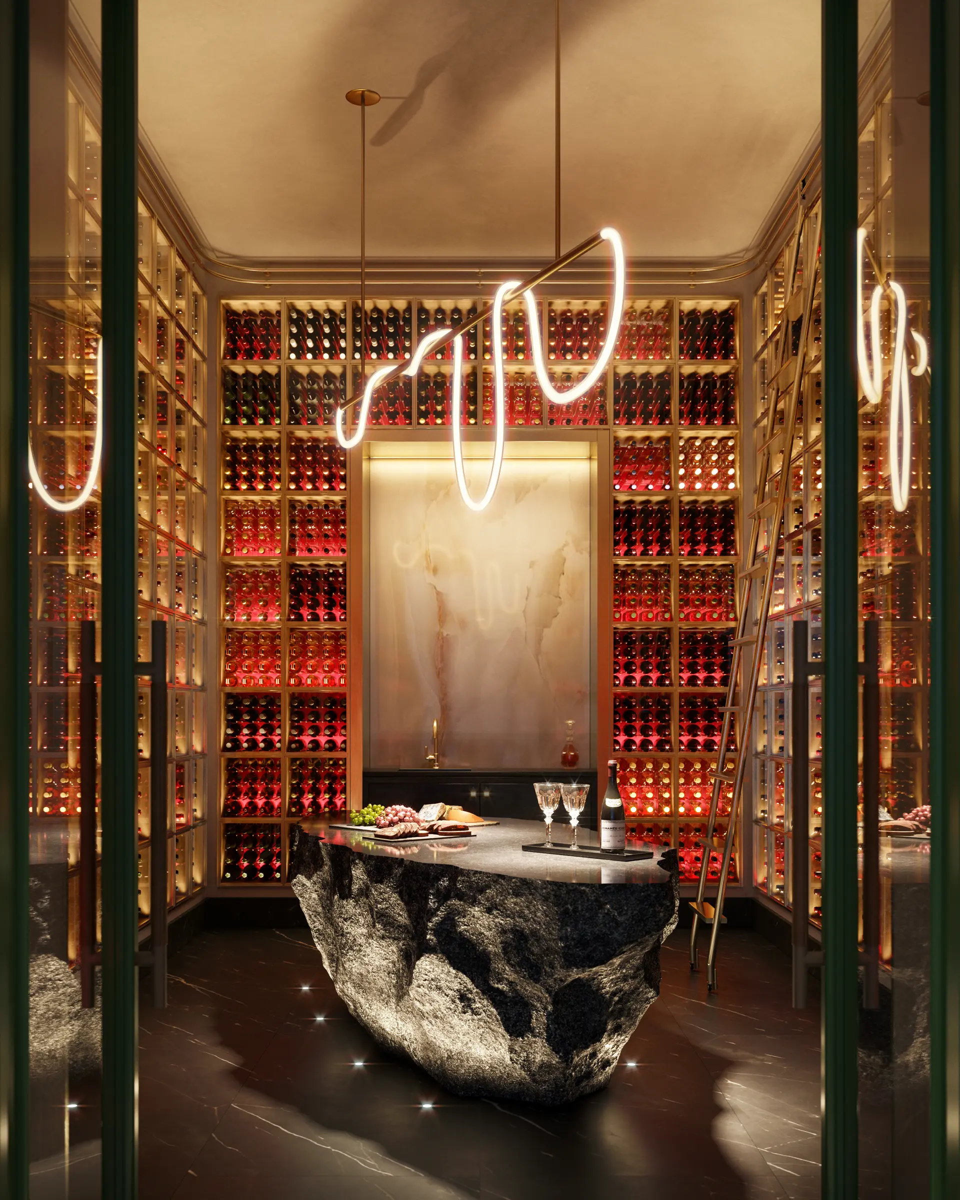 Miami Luxe wine cellar with illuminated shelves and a centerpiece stone counter.