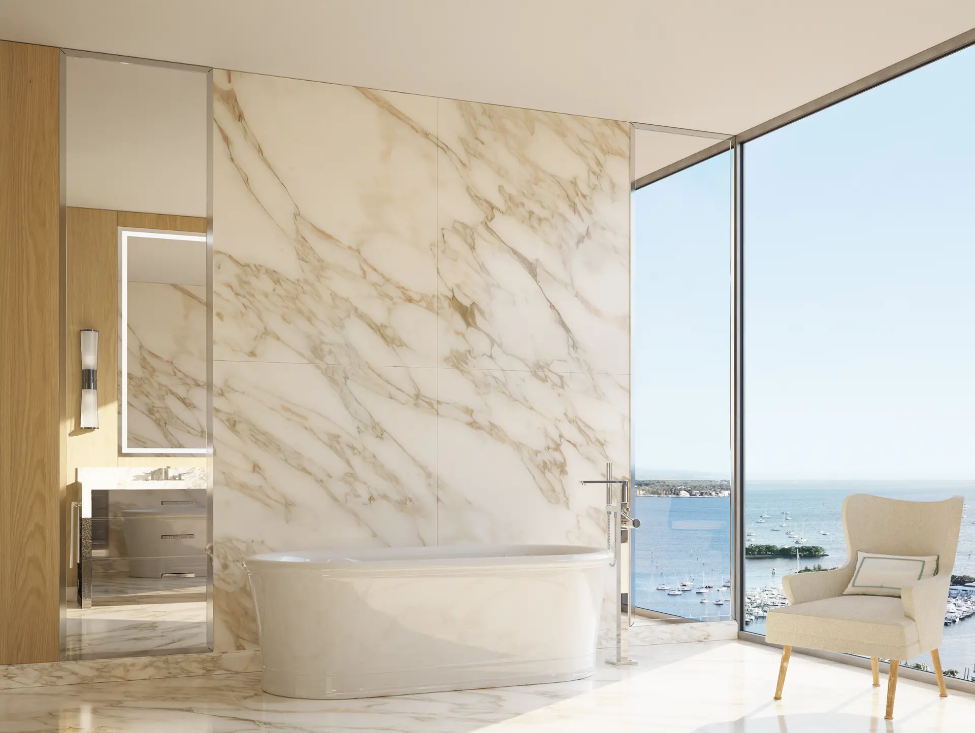 Miami luxury bathroom with marble and ocean view, showcasing the project name.