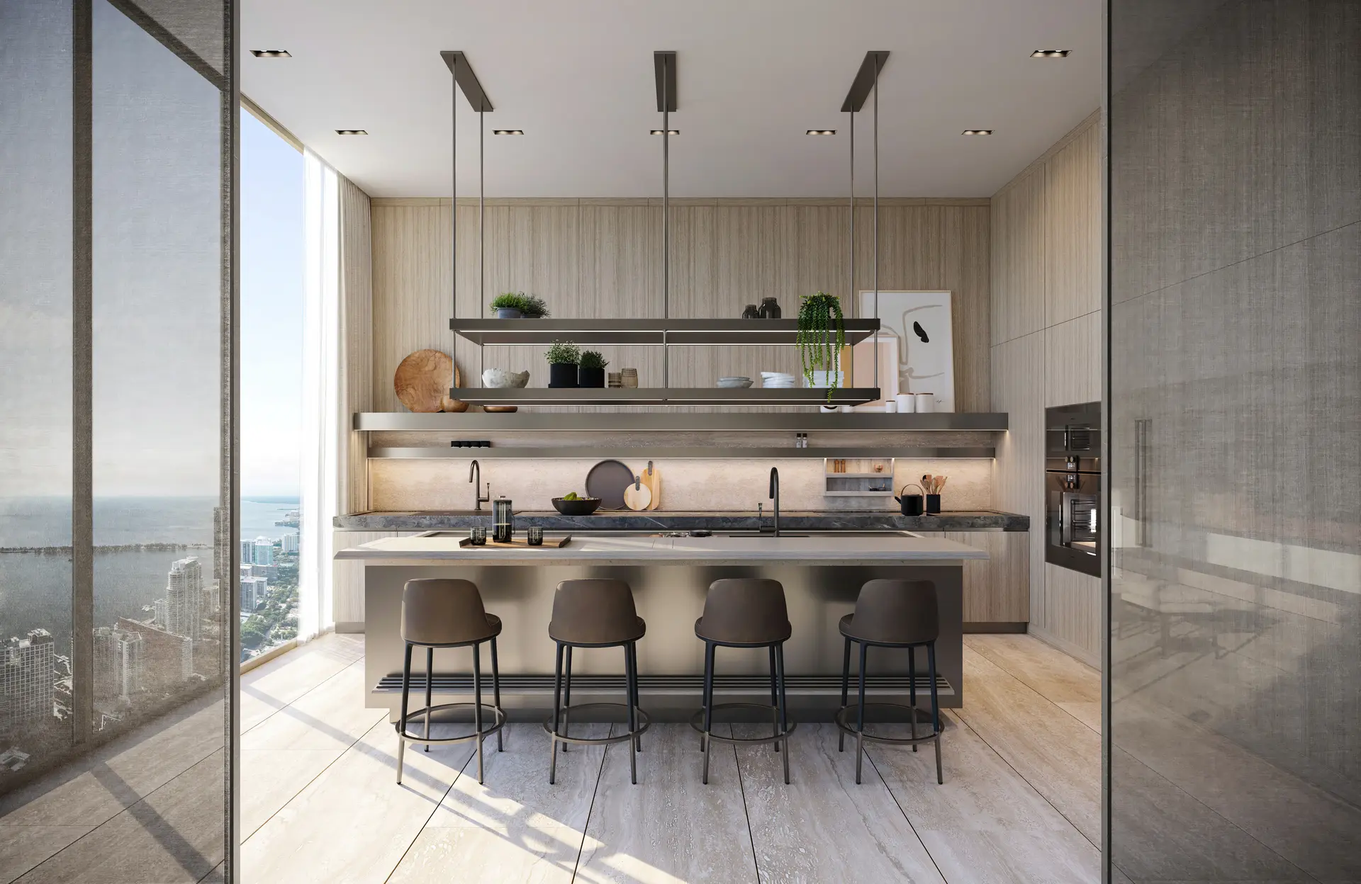 Miami luxury kitchen with modern design and city view in high-rise development.