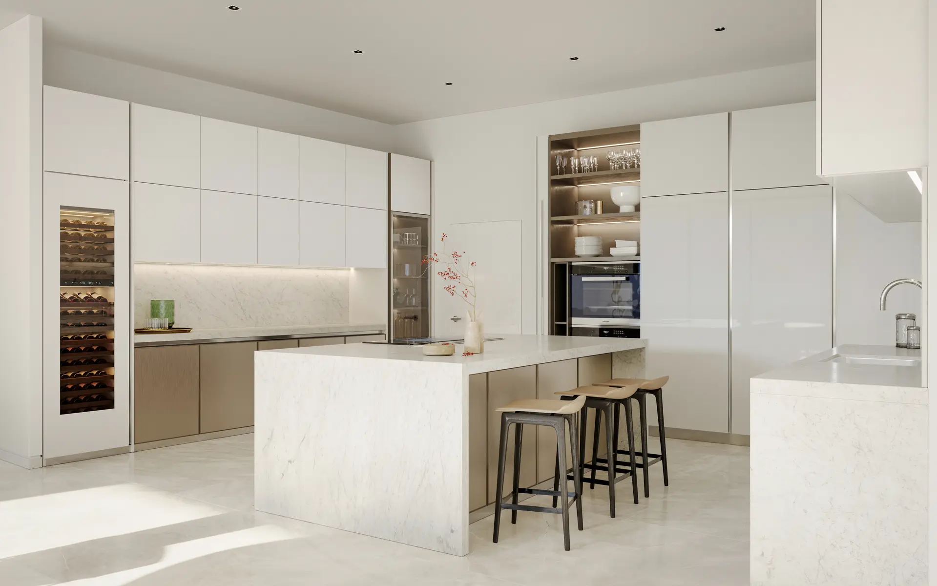 Miami Luxury showcases a sleek, modern kitchen with marble countertops.