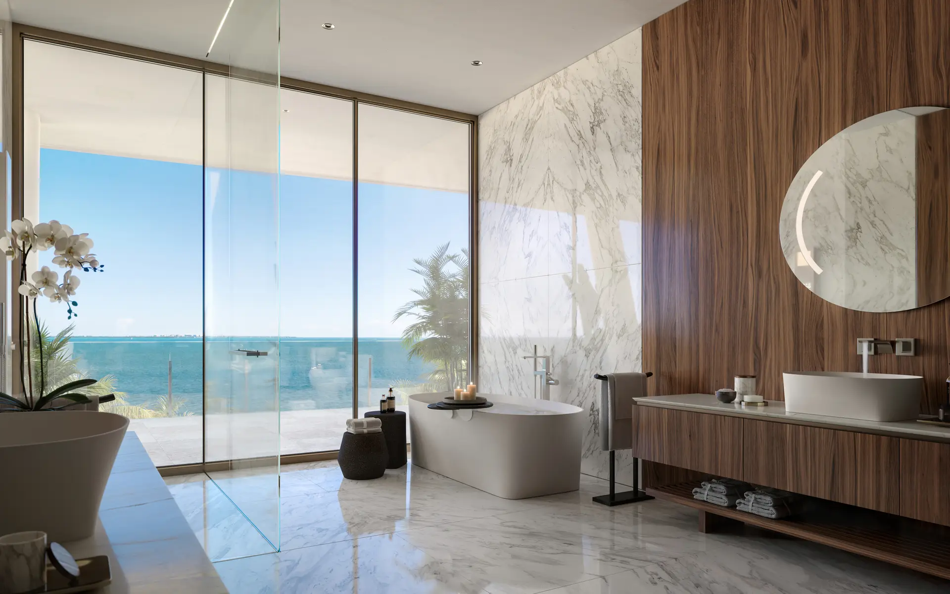 Elegant bathroom with ocean view in Miami luxury real estate project name.