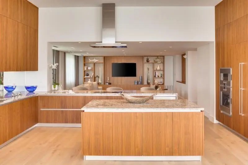 Contemporary kitchen in Miami luxury real estate project with wood finishes and a spacious island.