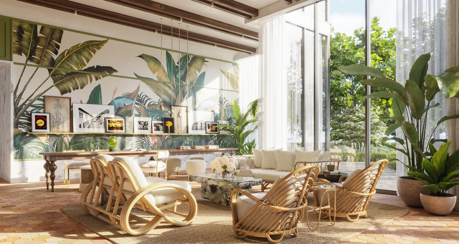 Miami luxury real estate interior with tropical mural and rattan furniture.