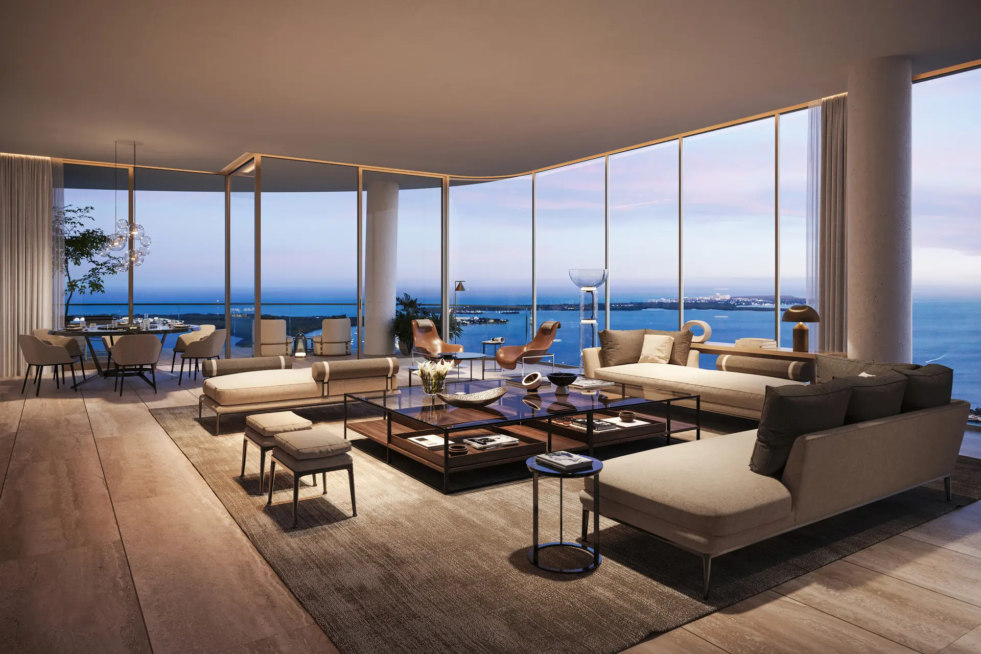 Spacious living room with ocean view windows in Miami Luxury Real Estate project