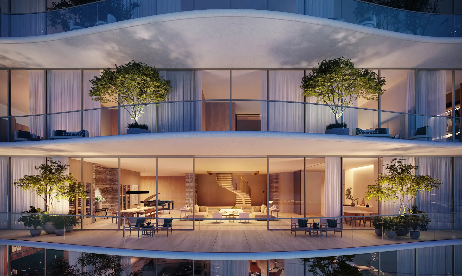 The Miami Luxury Real Estate features a modern facade with spacious balconies and glass walls