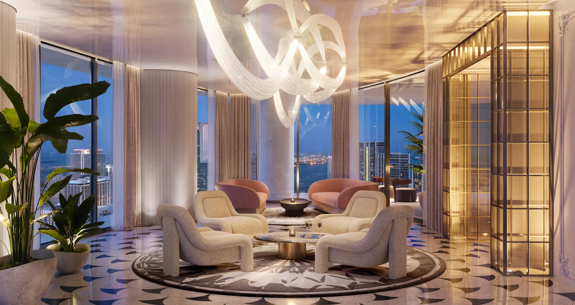 Modern lounge area with elegant seating and large windows in Miami luxury real estate project.