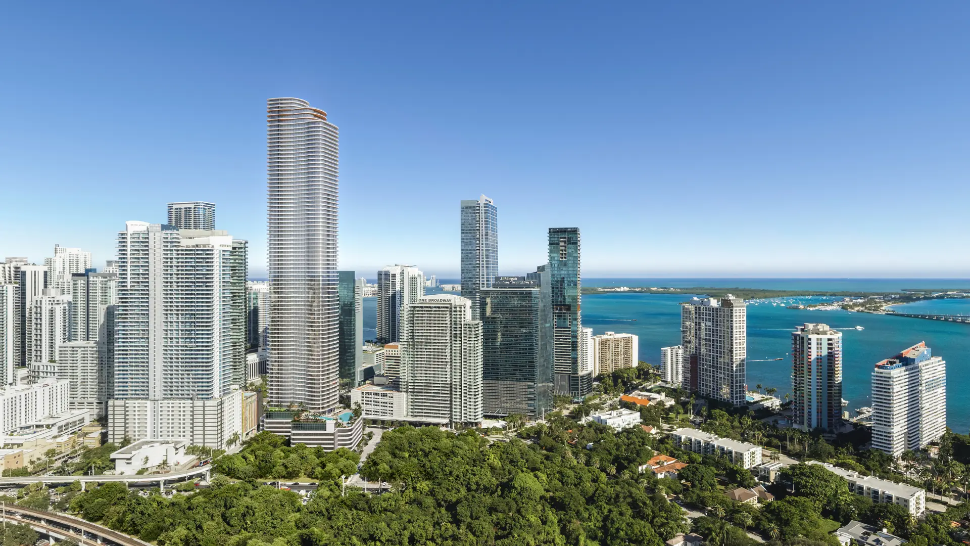 Miami Luxury Real Estate skyline with ocean view and tall buildings.