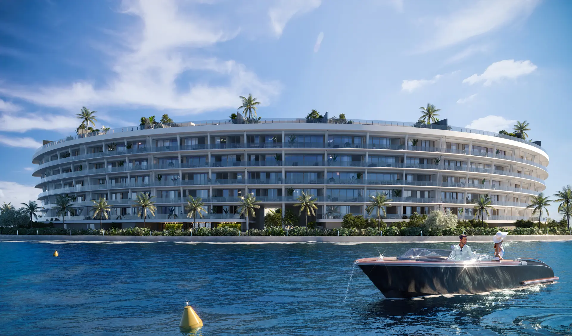 Curved waterfront luxury building with palm trees in Miami, seen from the water