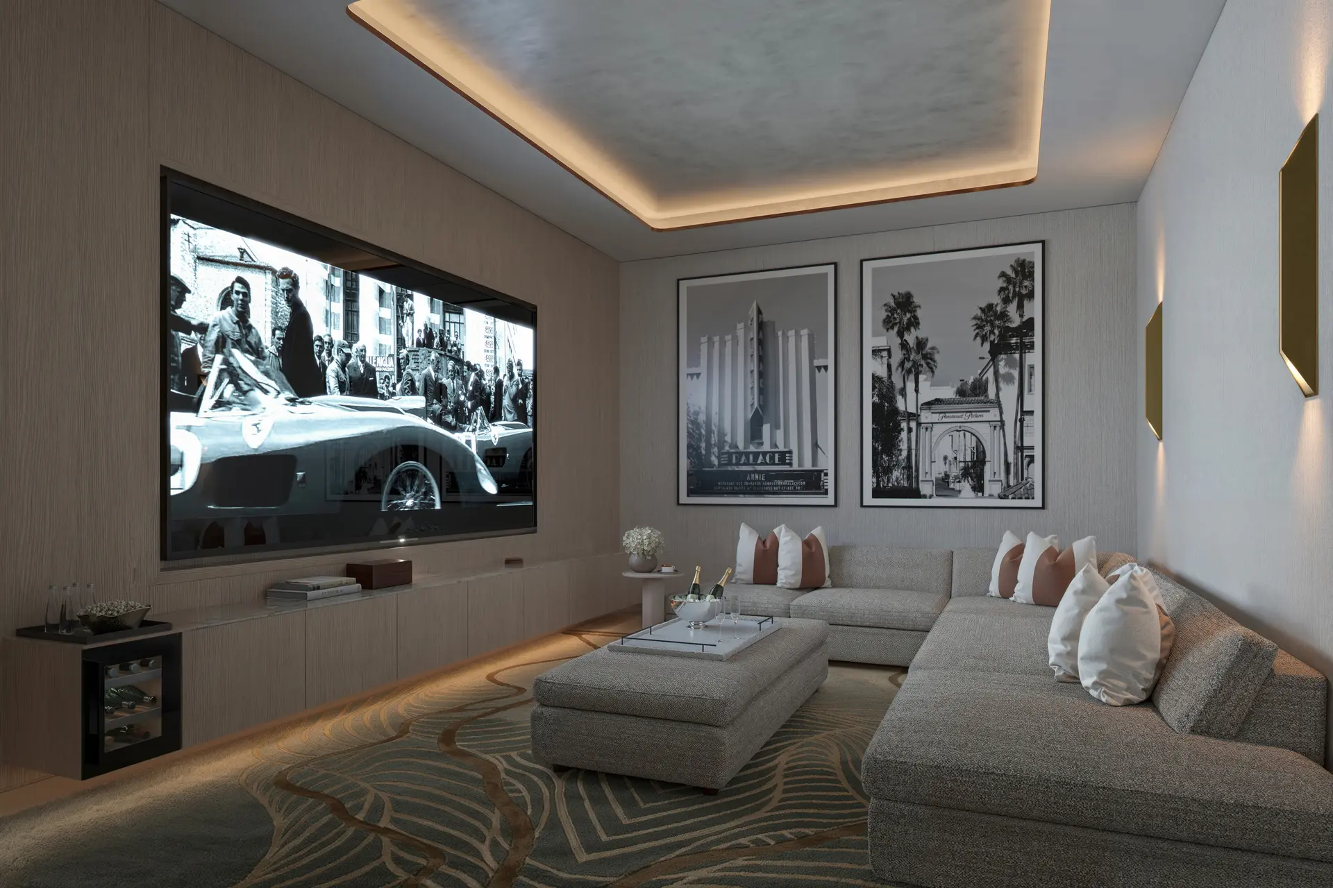 Miami Luxury features a modern theater room with plush seating and artistic decor.