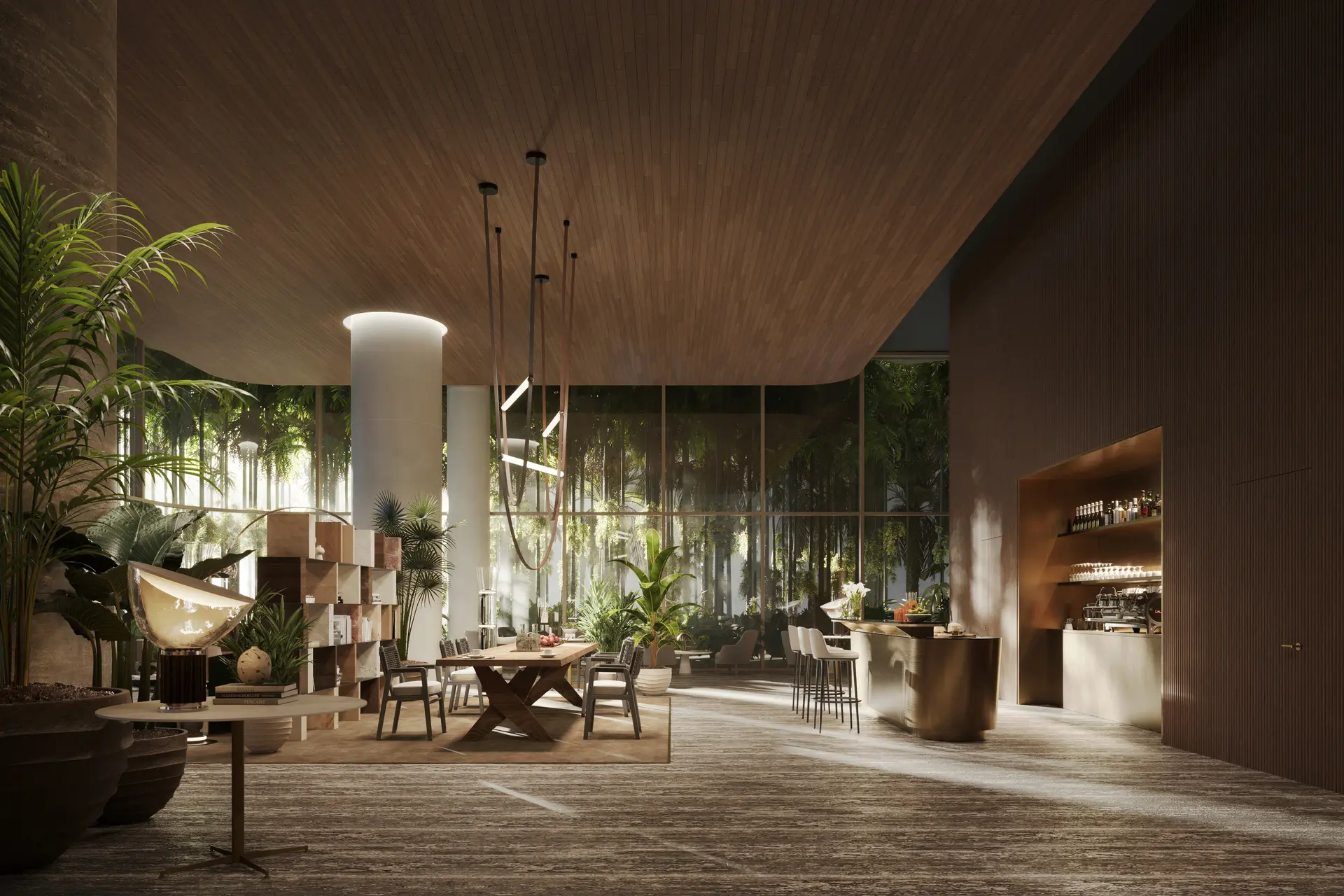 Spacious dining area and bar lounge at Miami Oasis project with lush greenery.