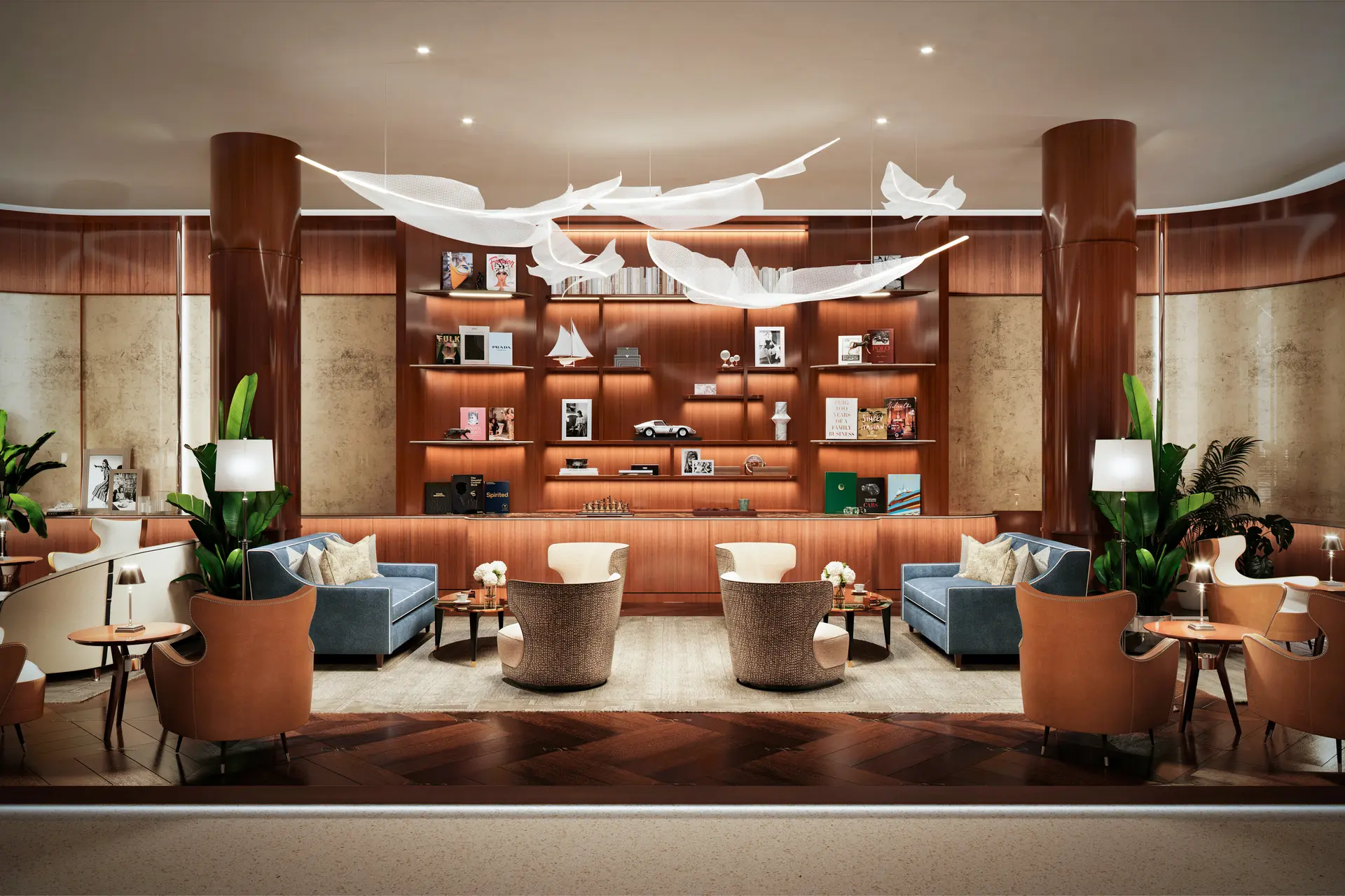 Sophisticated lounge in Miami Oasis with elegant seating and artistic decor.