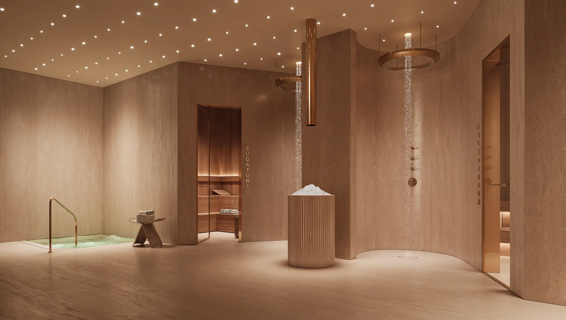 The Miami Oasis project features a luxury spa with warm lighting, raining water features, and a lighted pool.