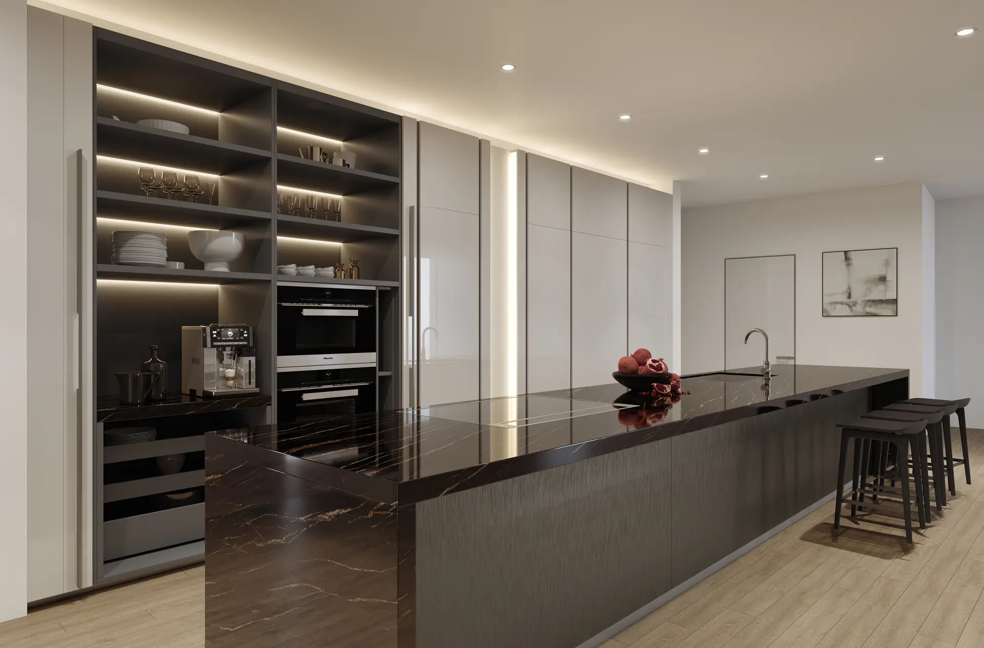 Miami Project features a sleek kitchen with dark cabinets and a marble island.