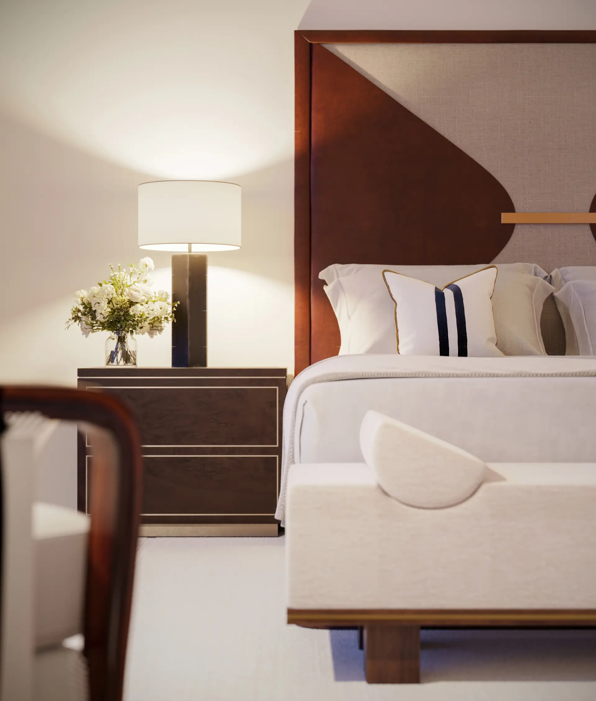 Luxurious bedroom interior with modern decor at Miami Real Estate.
