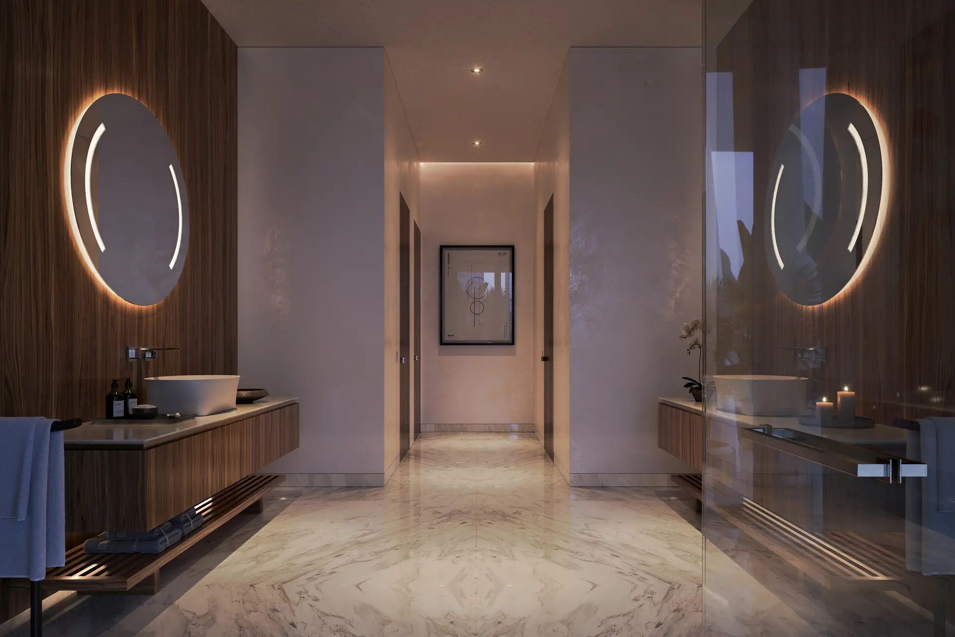 Luxurious bathroom interior in Miami real estate project with marble floors and illuminated mirrors.