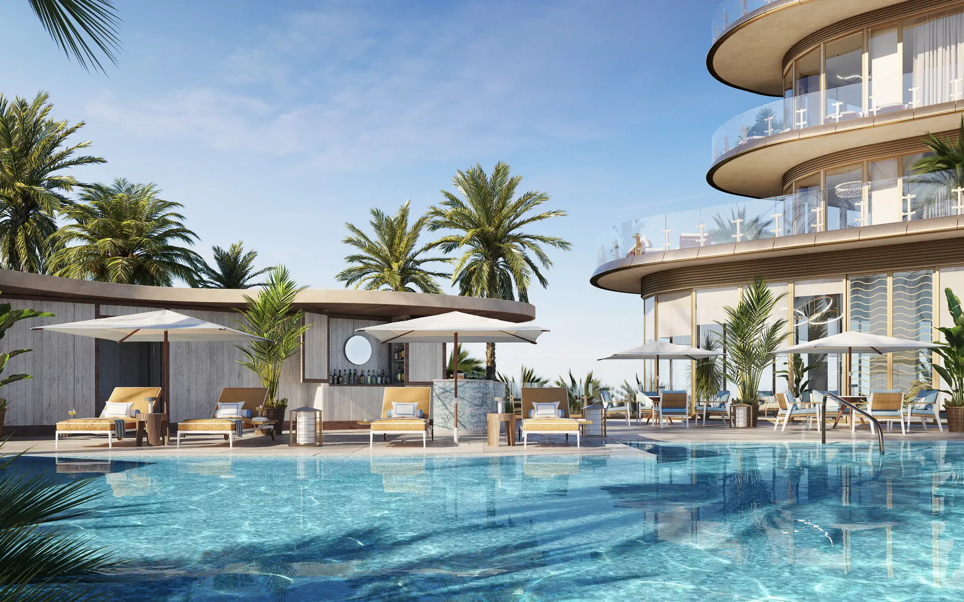Miami Residences luxury pool with sun loungers and umbrellas surrounded by palm trees.