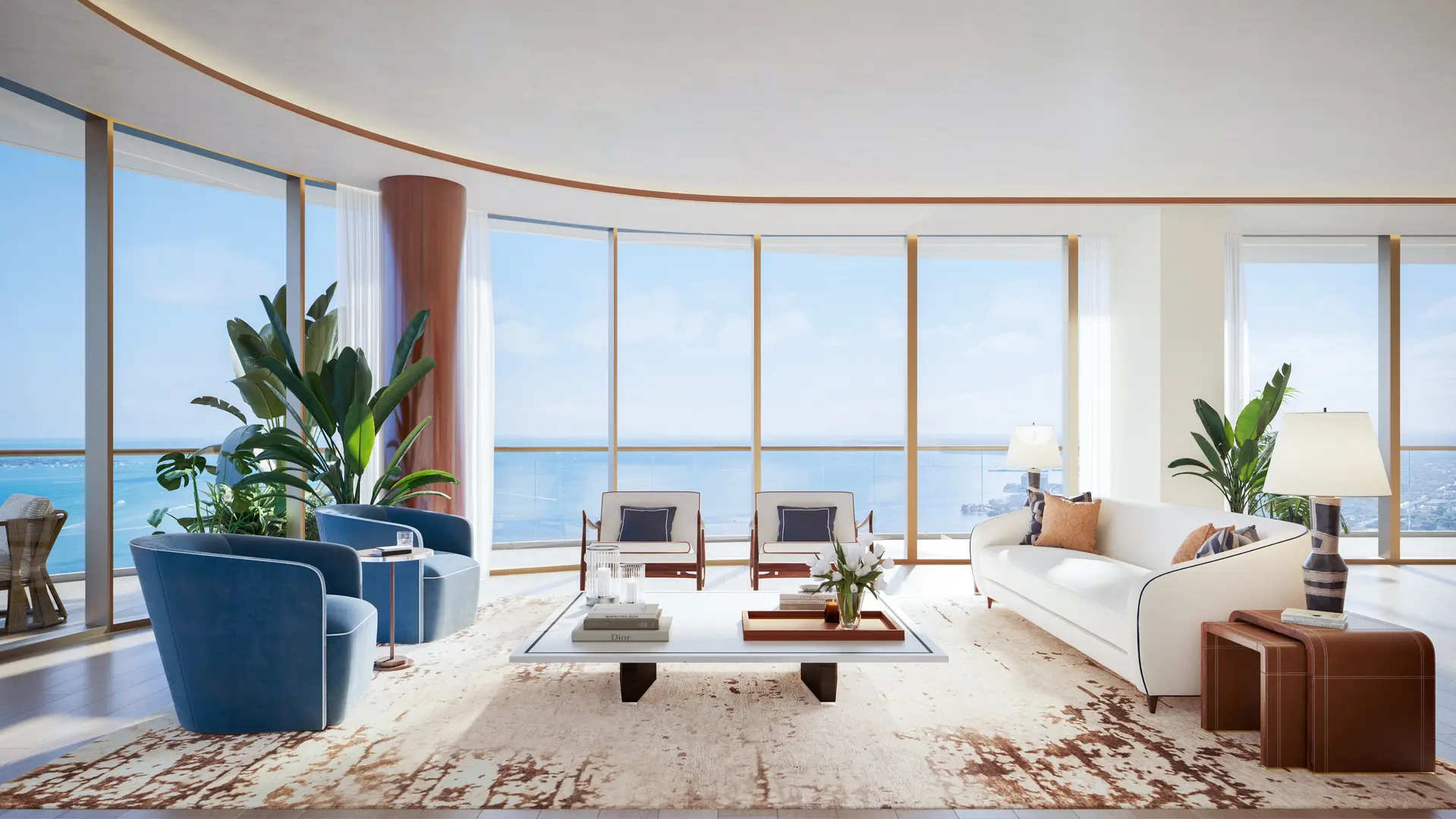 Modern living room with sea view at Miami project's luxury residence.