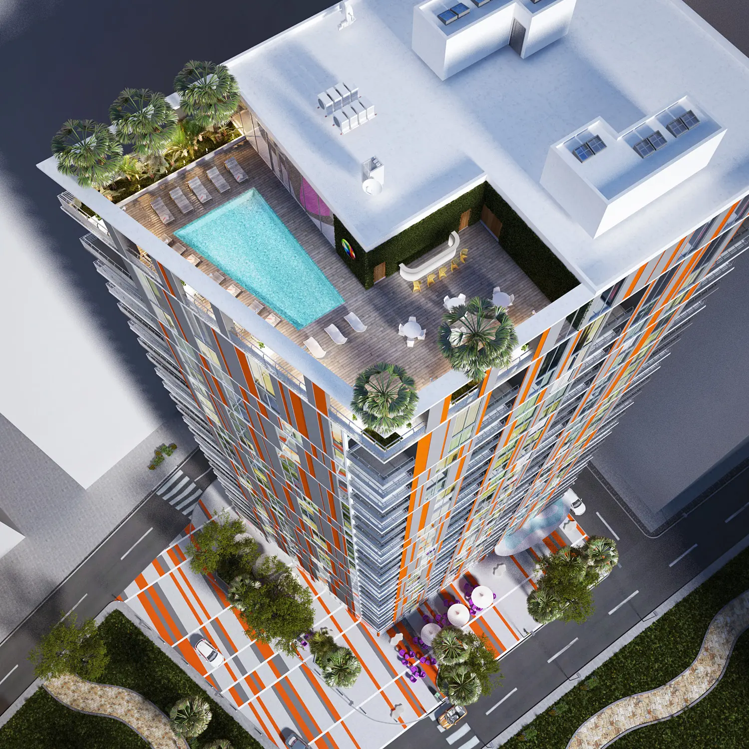 Aerial view of MyBrickell rooftop pool and colorful building in Miami.