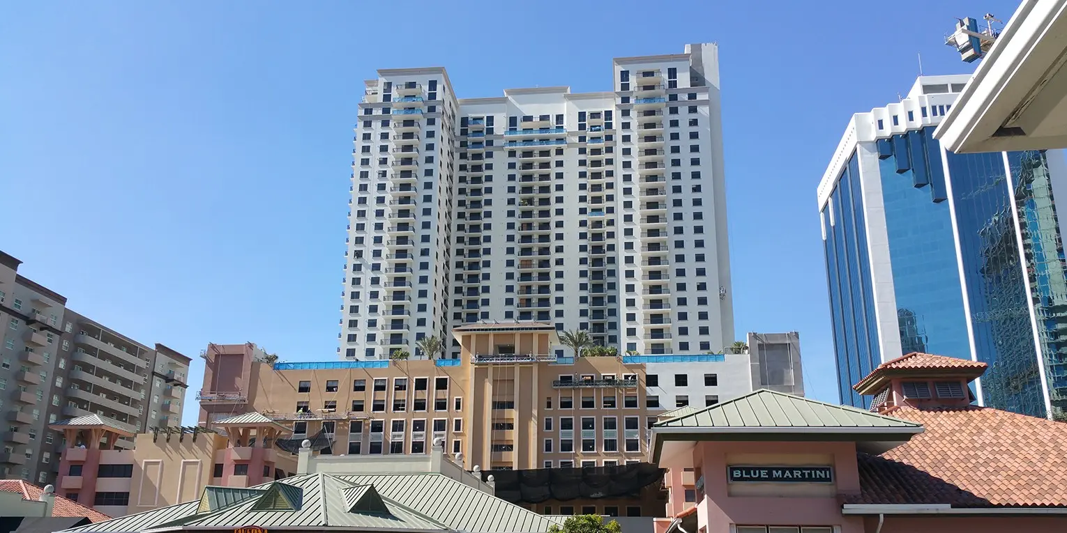 Skyline view of Nine at Mary Brickell Village with high-rise towers in Miami.
