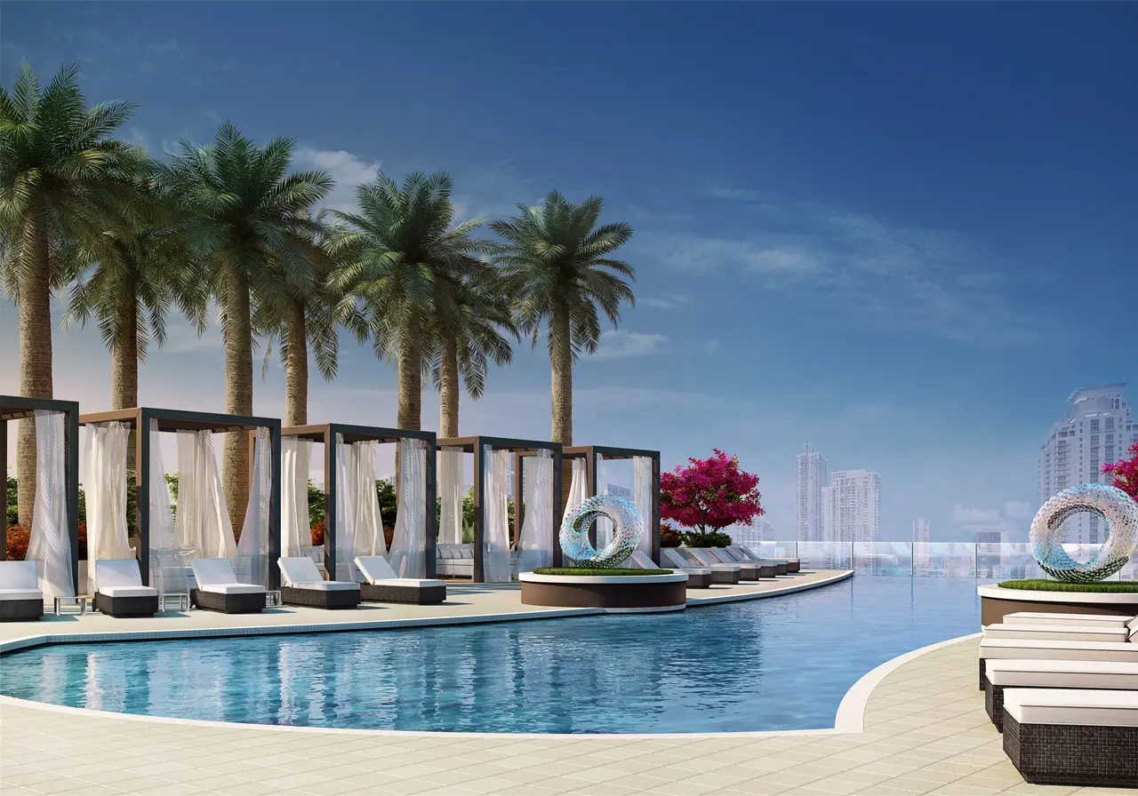Poolside oasis with cabanas at Nine at Mary Brickell Village.