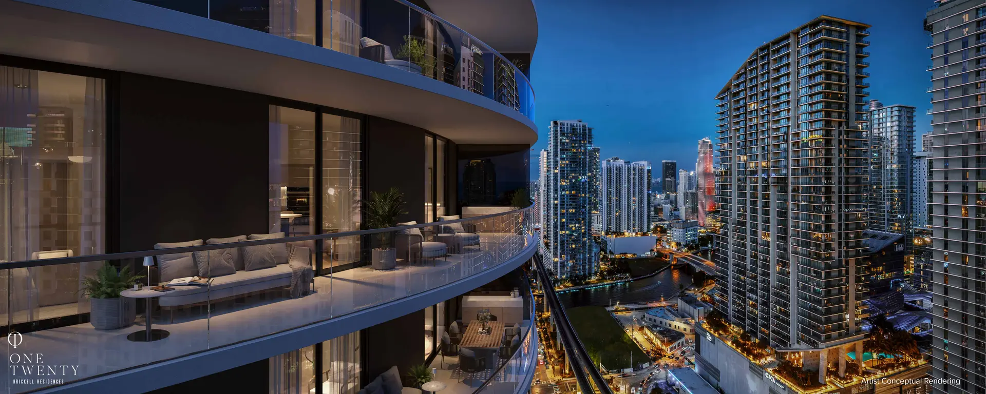 Luxurious balcony view at One Twenty Residences overlooking Miami's skyline at night.