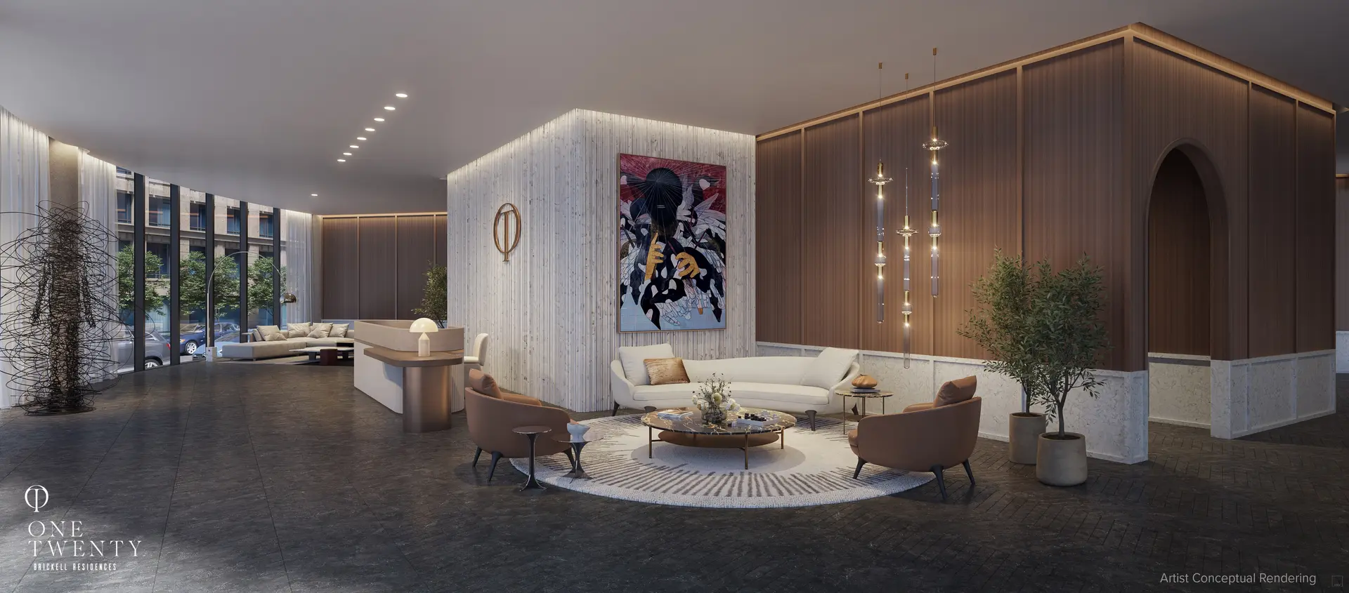 Modern lobby with art and seating at One Twenty Residences in Miami.