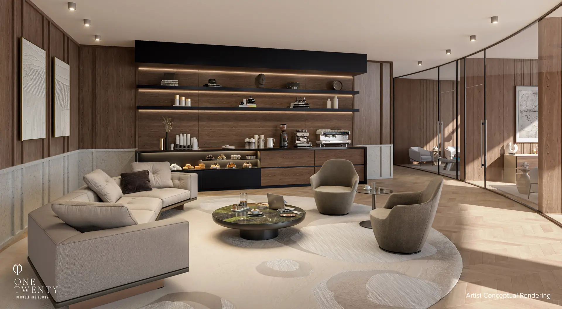 Elegant lounge area in One Twenty Residences with modern furnishings and wooden accents.