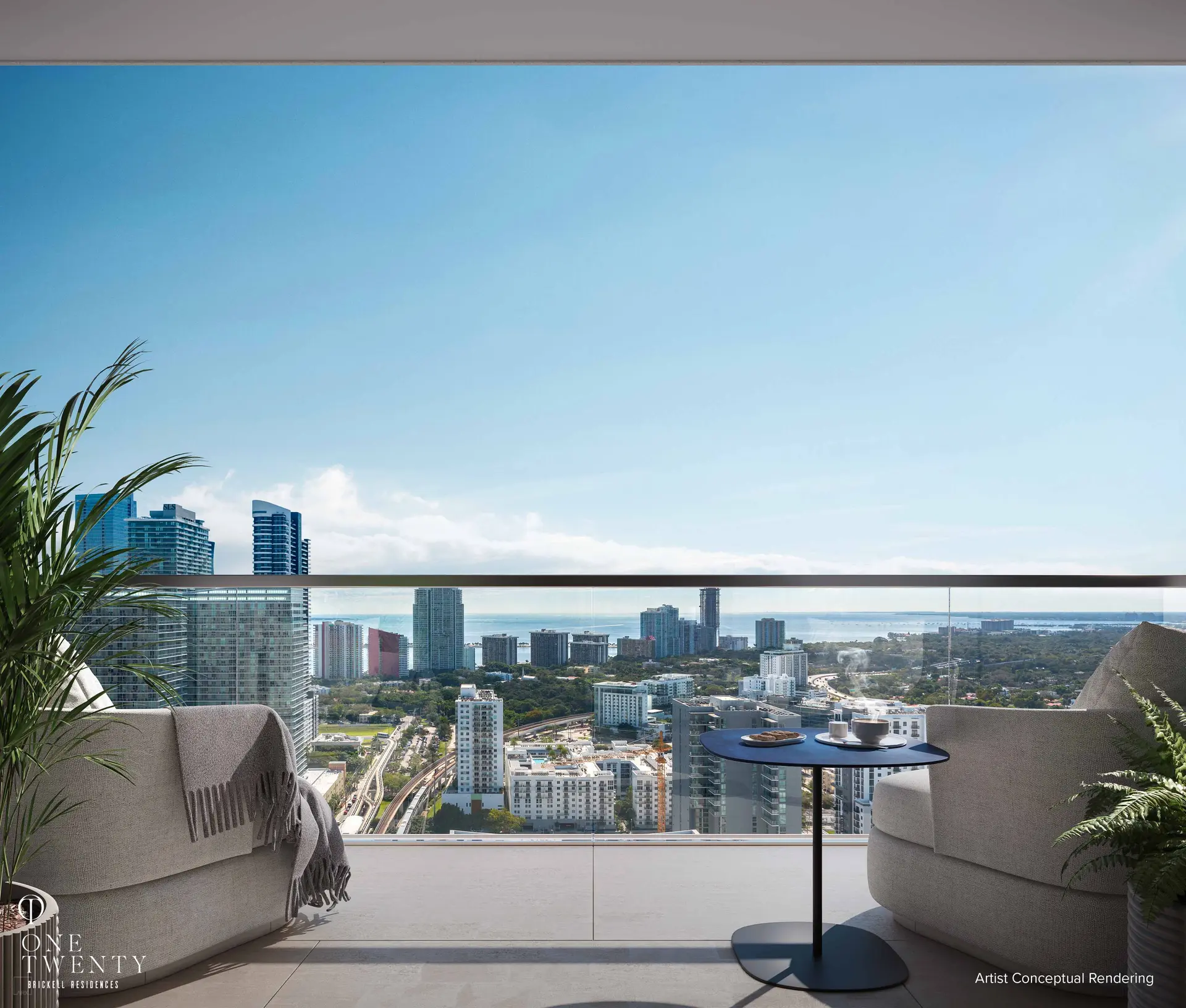 Panoramic view of Miami skyline and Biscayne Bay from One Twenty Residences balcony.