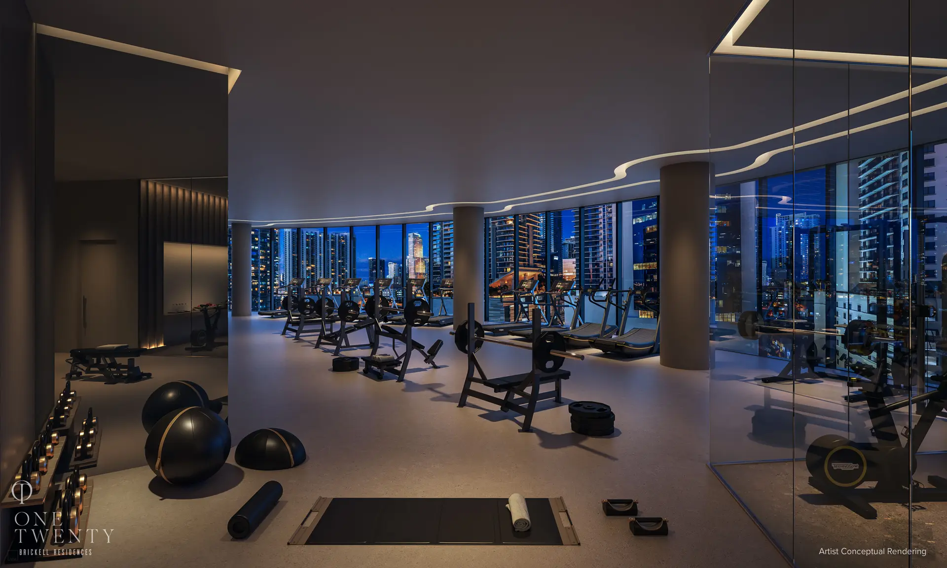 Luxurious gym at One Twenty Residences with Miami skyline view.