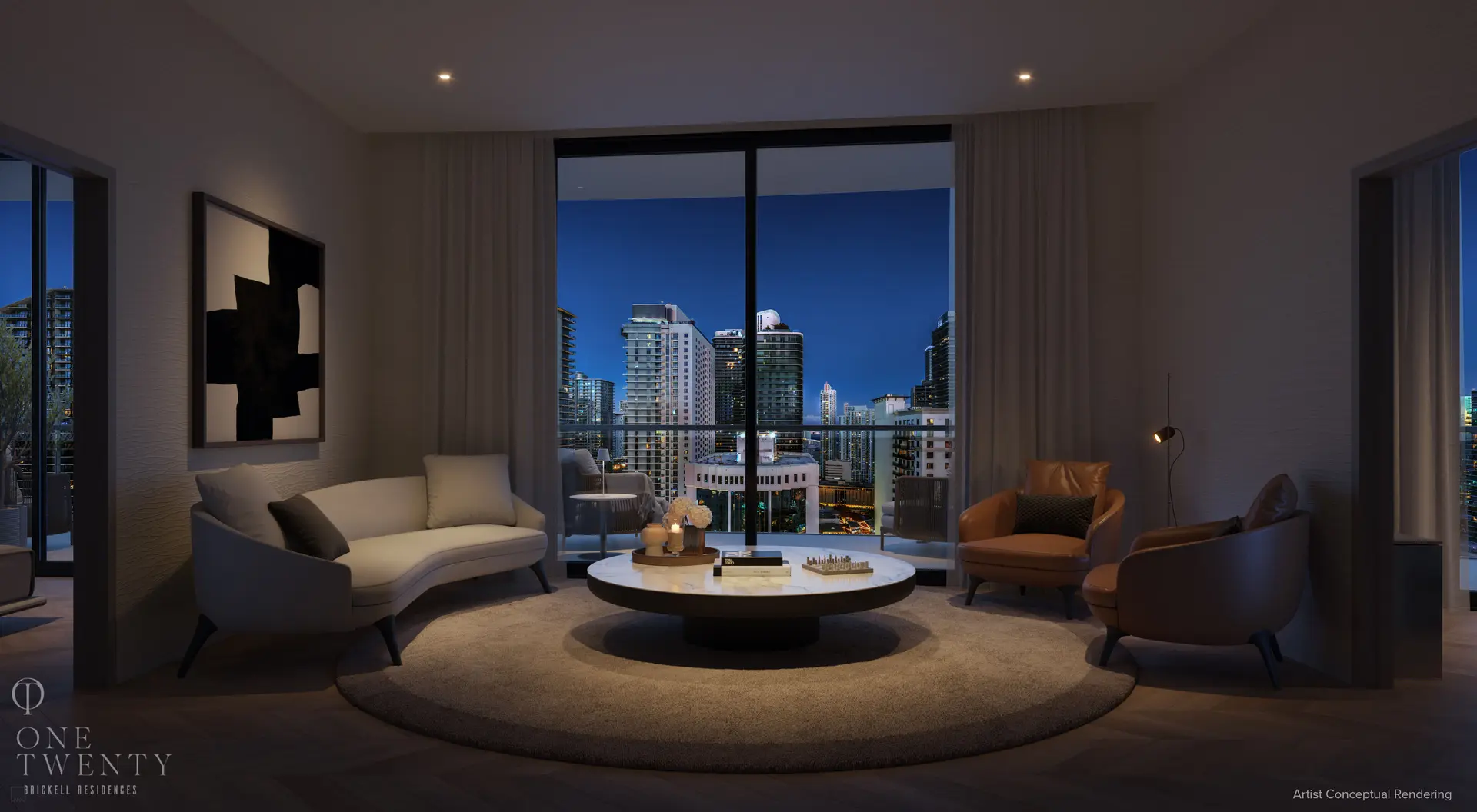 Sophisticated living room with city skyline view at One Twenty Residences