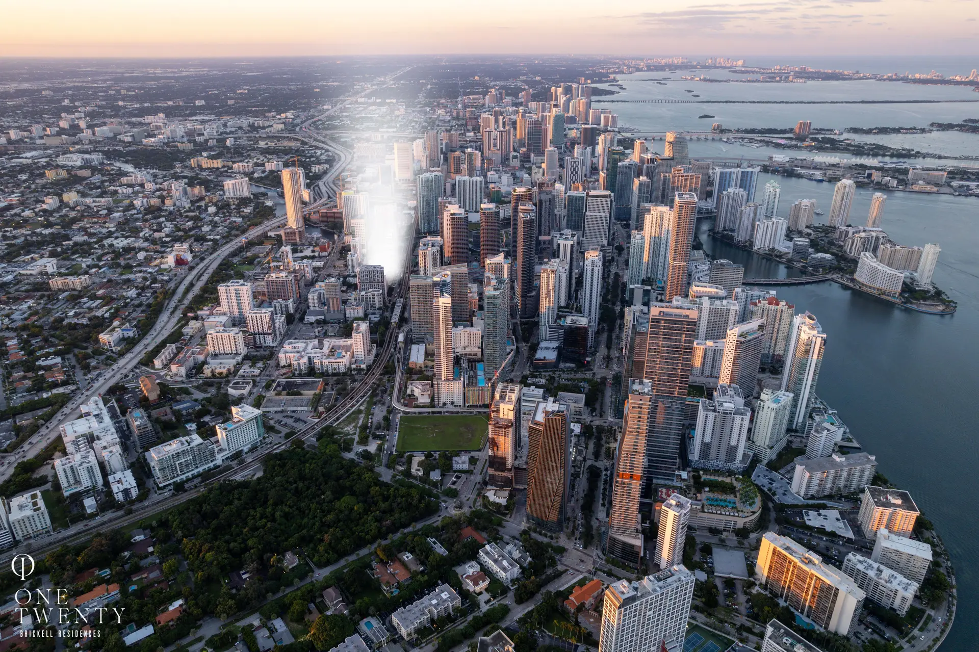Aerial view of One Twenty Residences in Miami skyline.