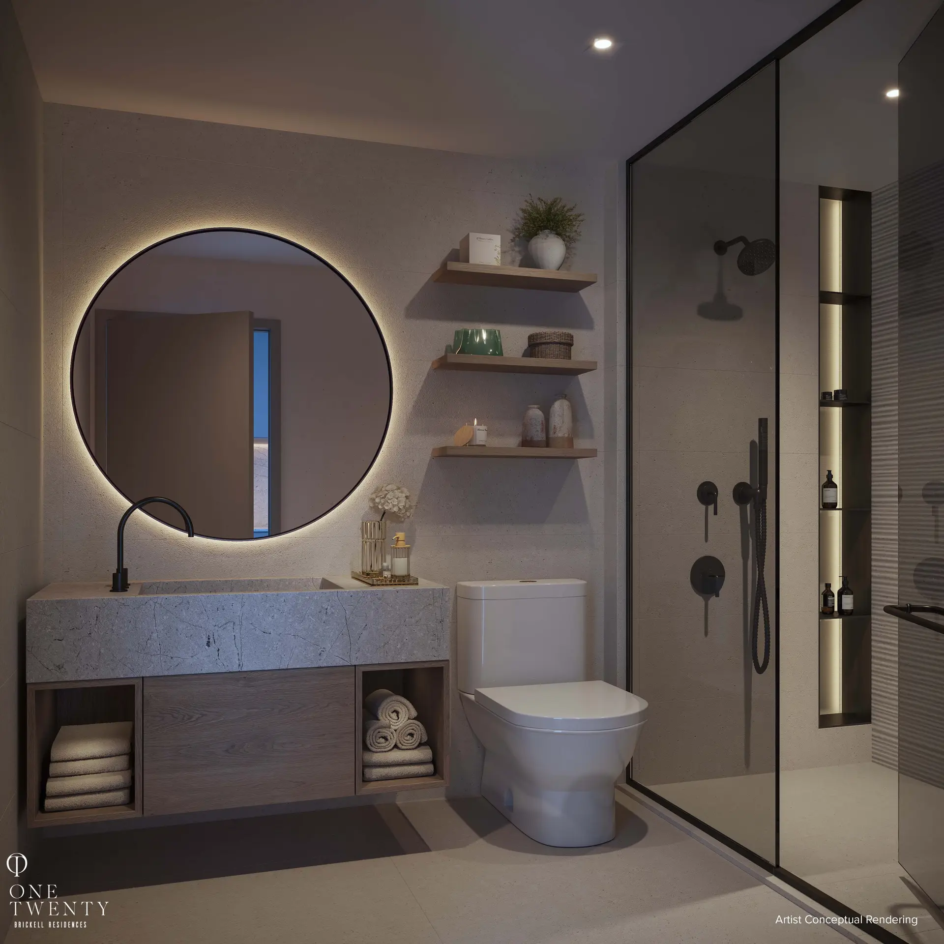 Modern bathroom with sleek vanity and round mirror at One Twenty Residences.