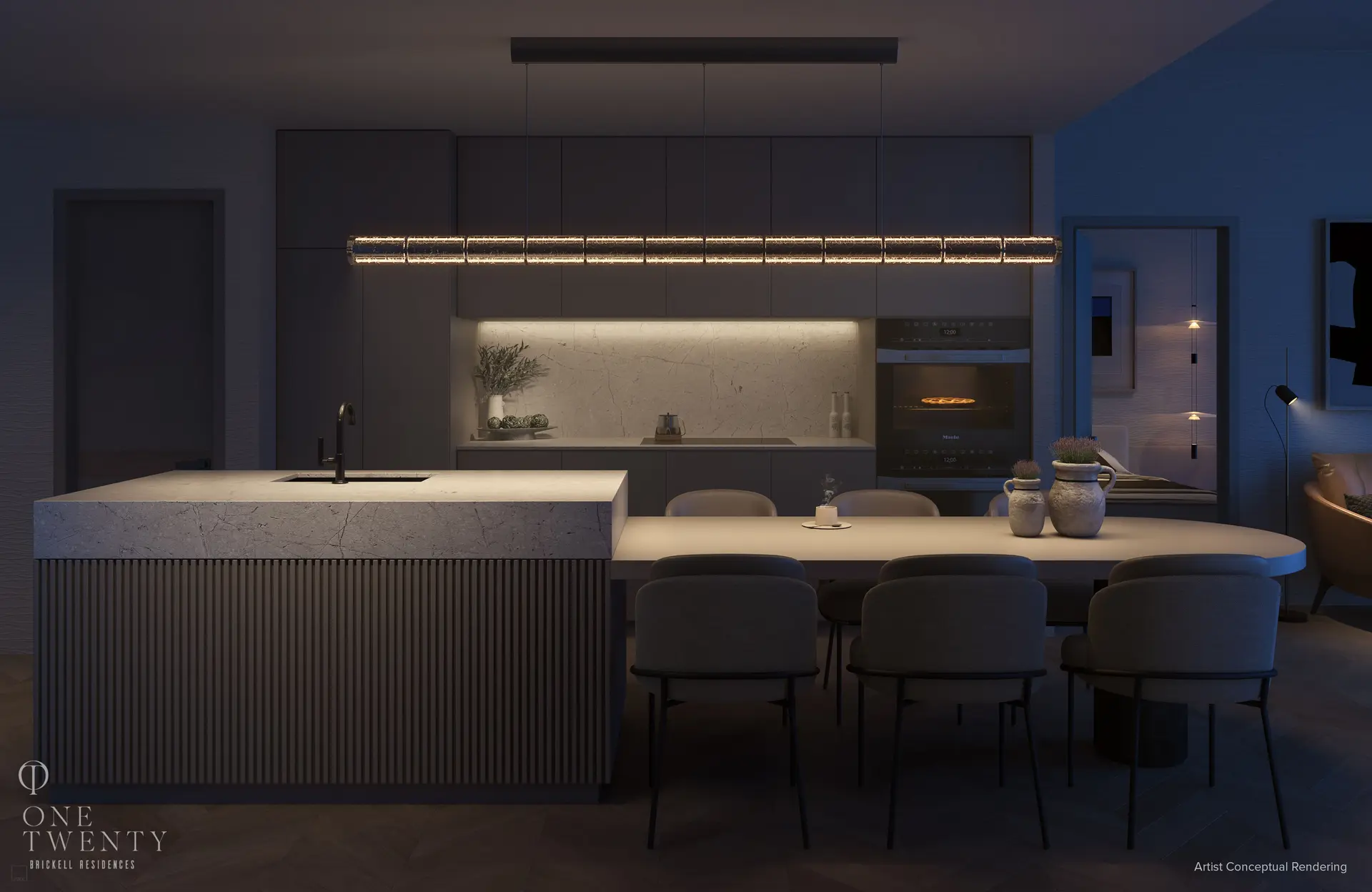 One Twenty Residences kitchen with sleek cabinetry and modern dining area.