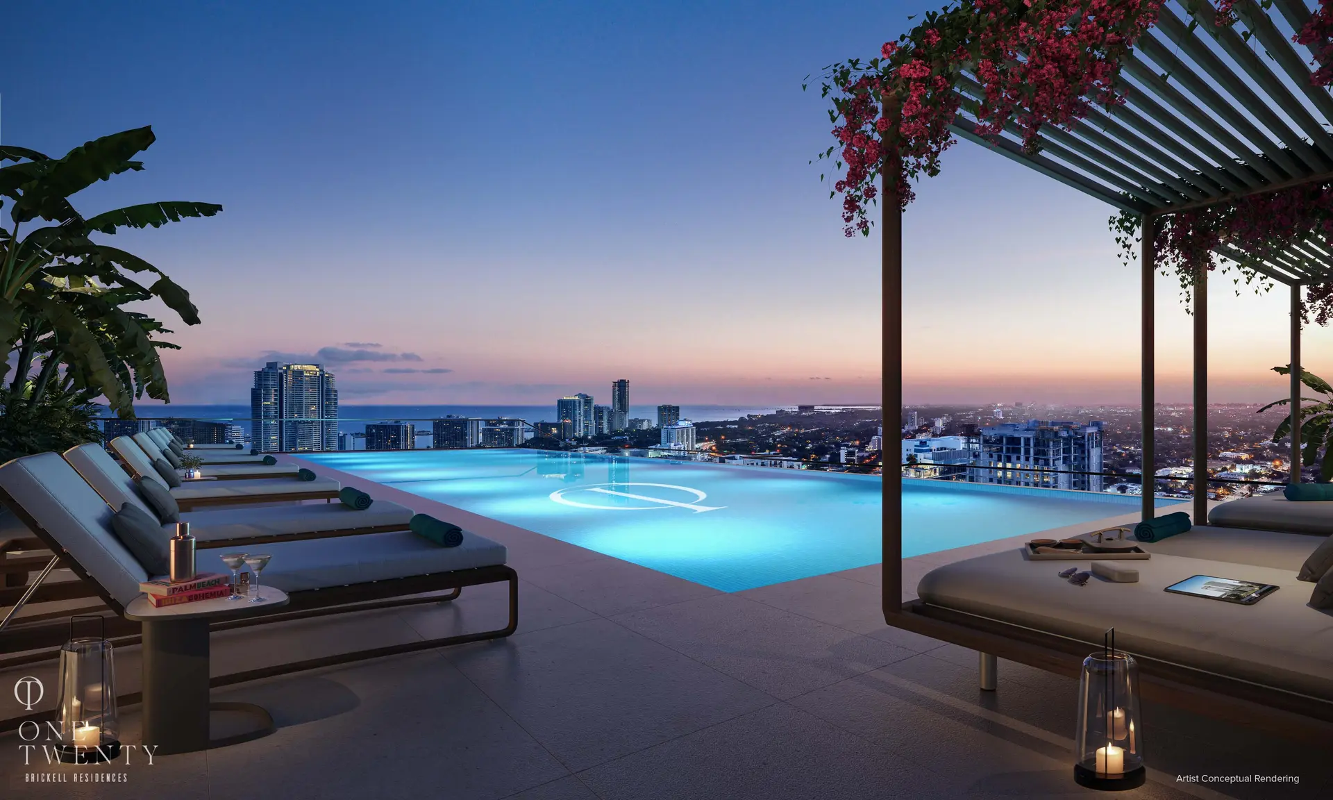 Rooftop pool at One Twenty Residences with Miami skyline at sunset