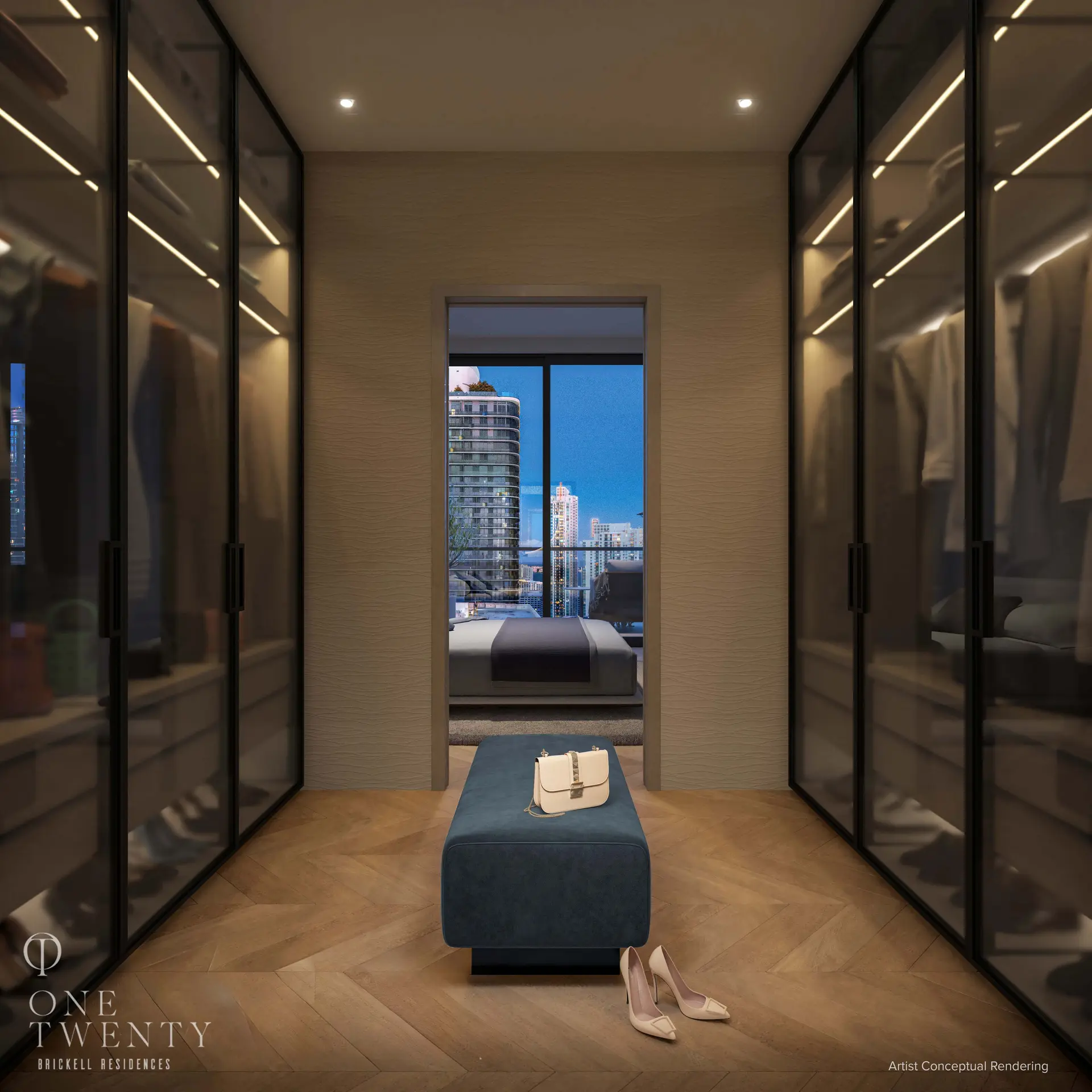 Luxurious walk-in closet with Miami skyline view at One Twenty Residences.