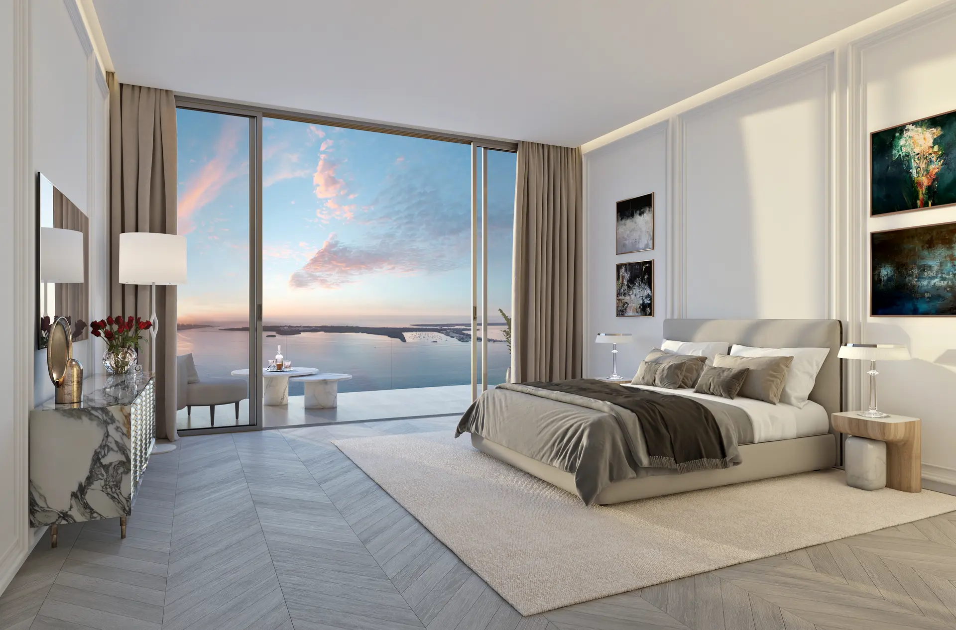 Luxurious Miami bedroom with ocean view from Project Name.