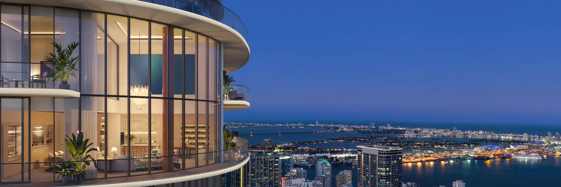 Project Name luxury high-rise with panoramic Miami skyline views.