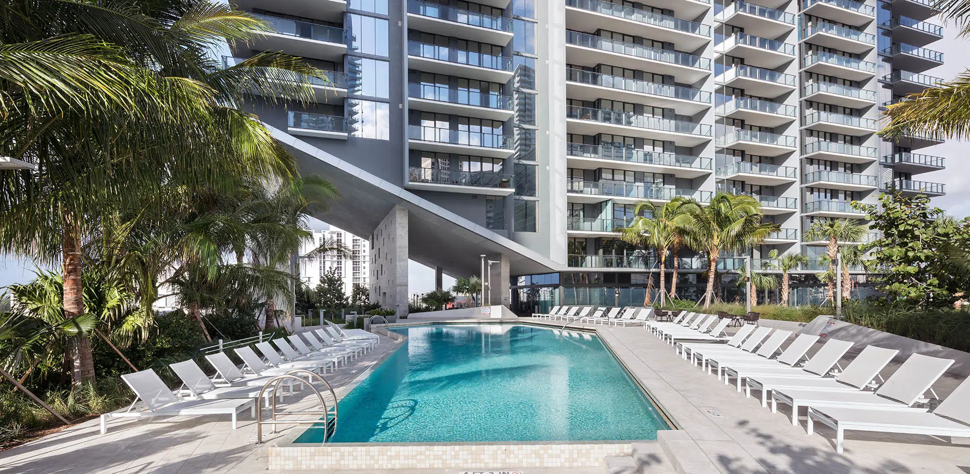 Luxury pool and lounge area at Rise Brickell City Centre surrounded by palm trees.