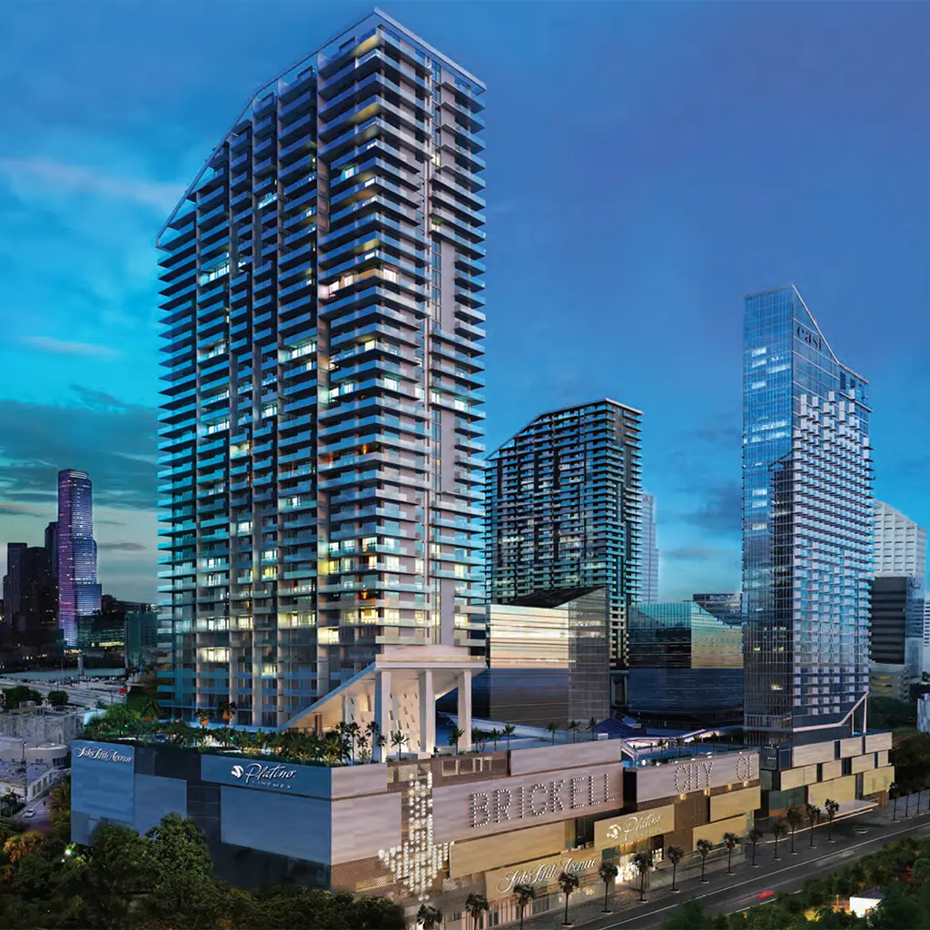 Rise Brickell City Centre at sunset in downtown Miami.