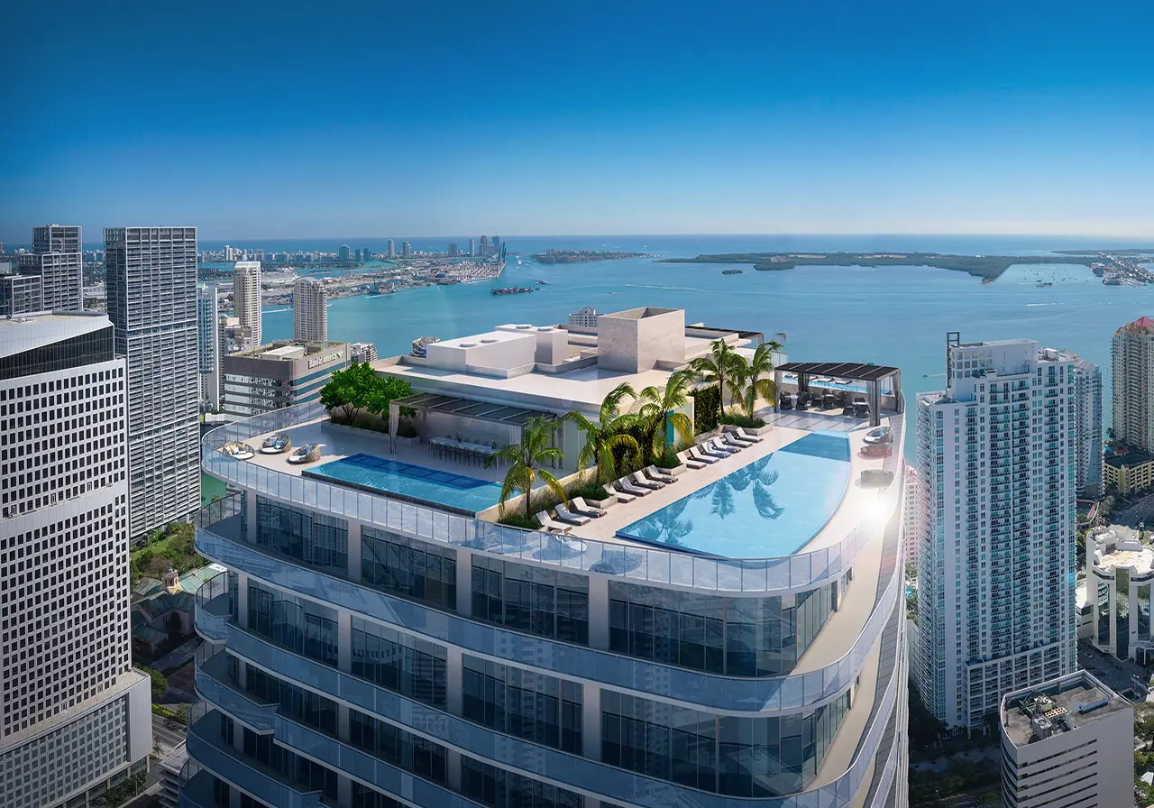 SLS Lux features a rooftop infinity pool with views of Miami's skyline and bay.