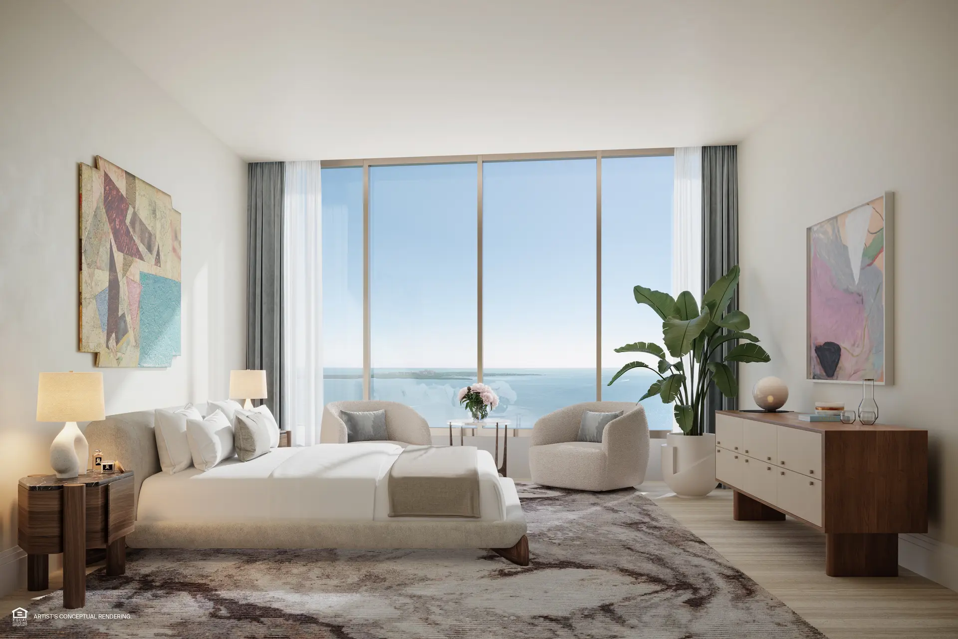 Elegant bedroom with ocean view at St Regis Brickell in Miami.