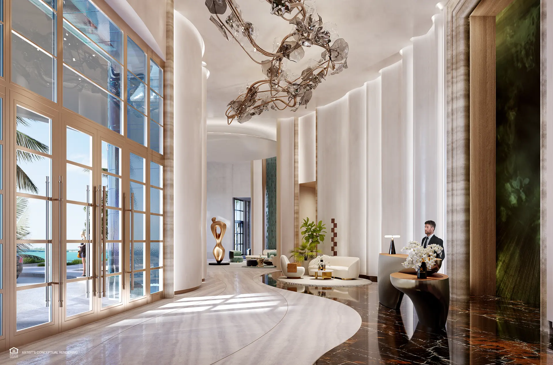 Luxurious lobby at St Regis Brickell featuring modern art and elegant decor.